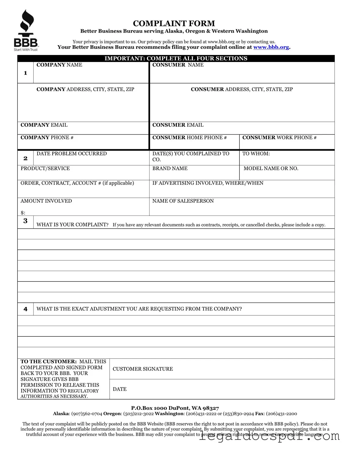 Fill Out Your Bbb Complaint Form