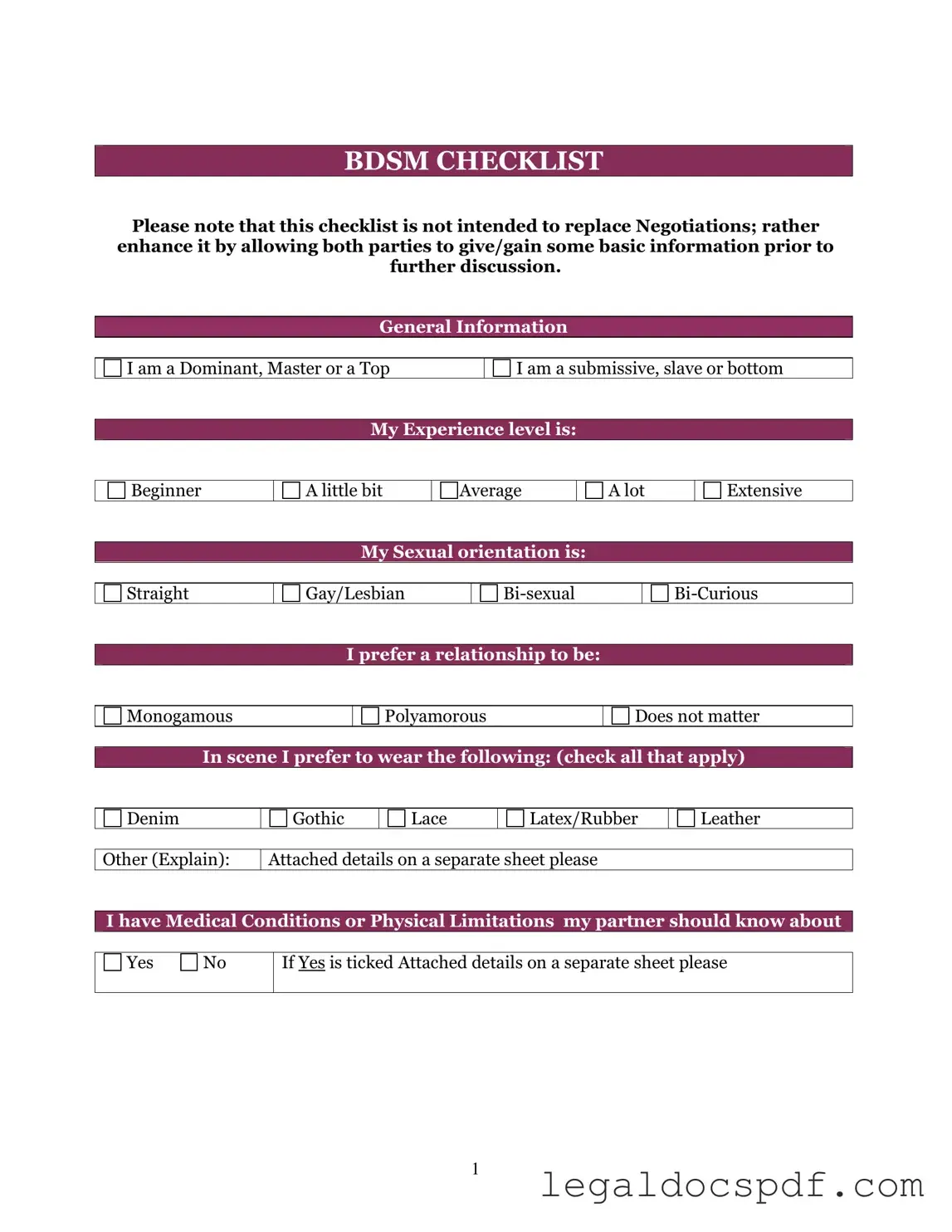 Fill Out Your Bdsm Checklist Form