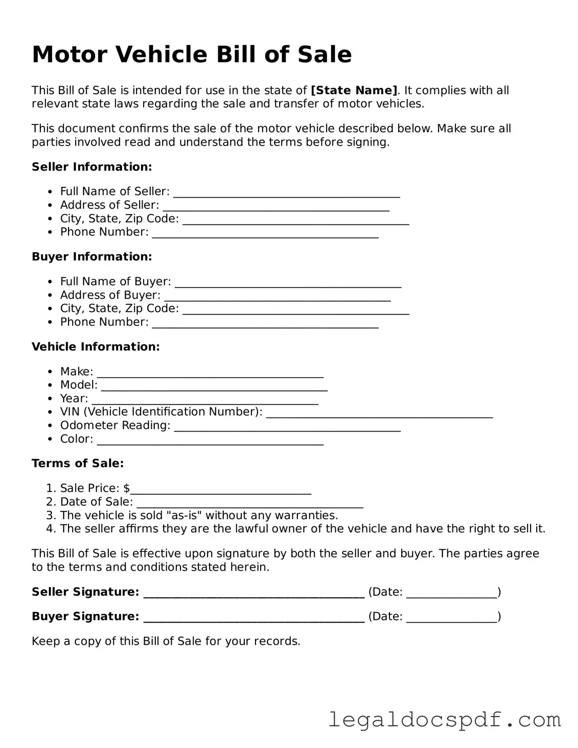 Valid Motor Vehicle Bill of Sale Template