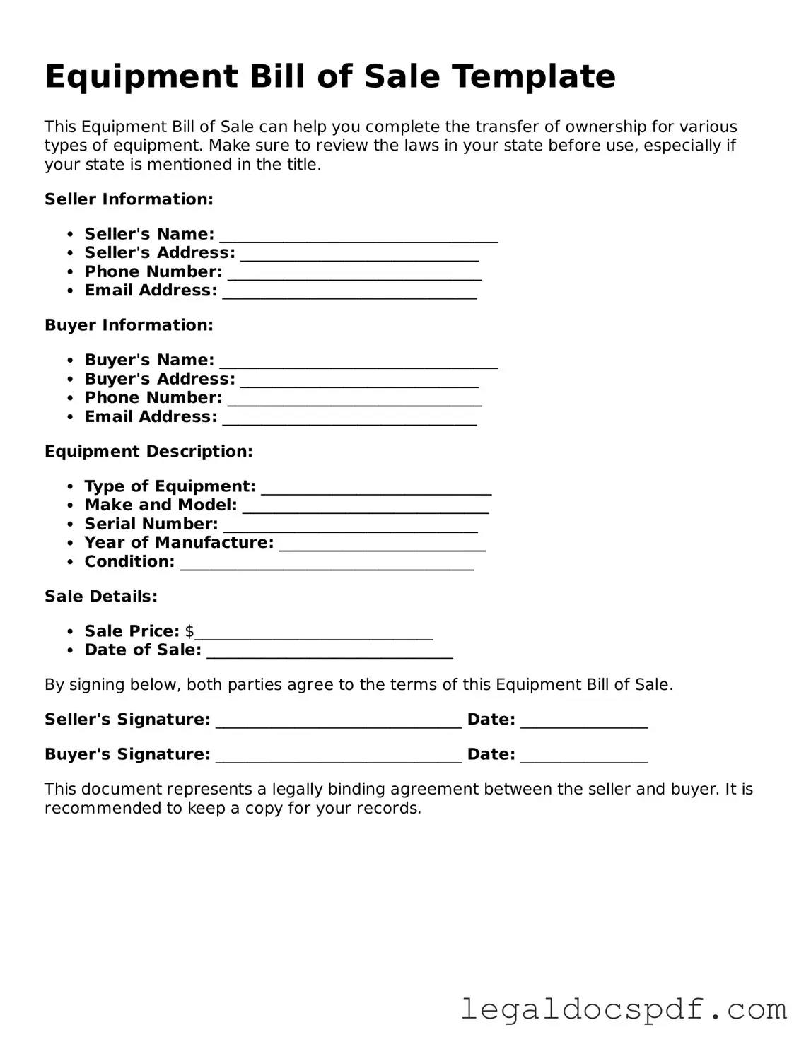 Valid Equipment Bill of Sale Template