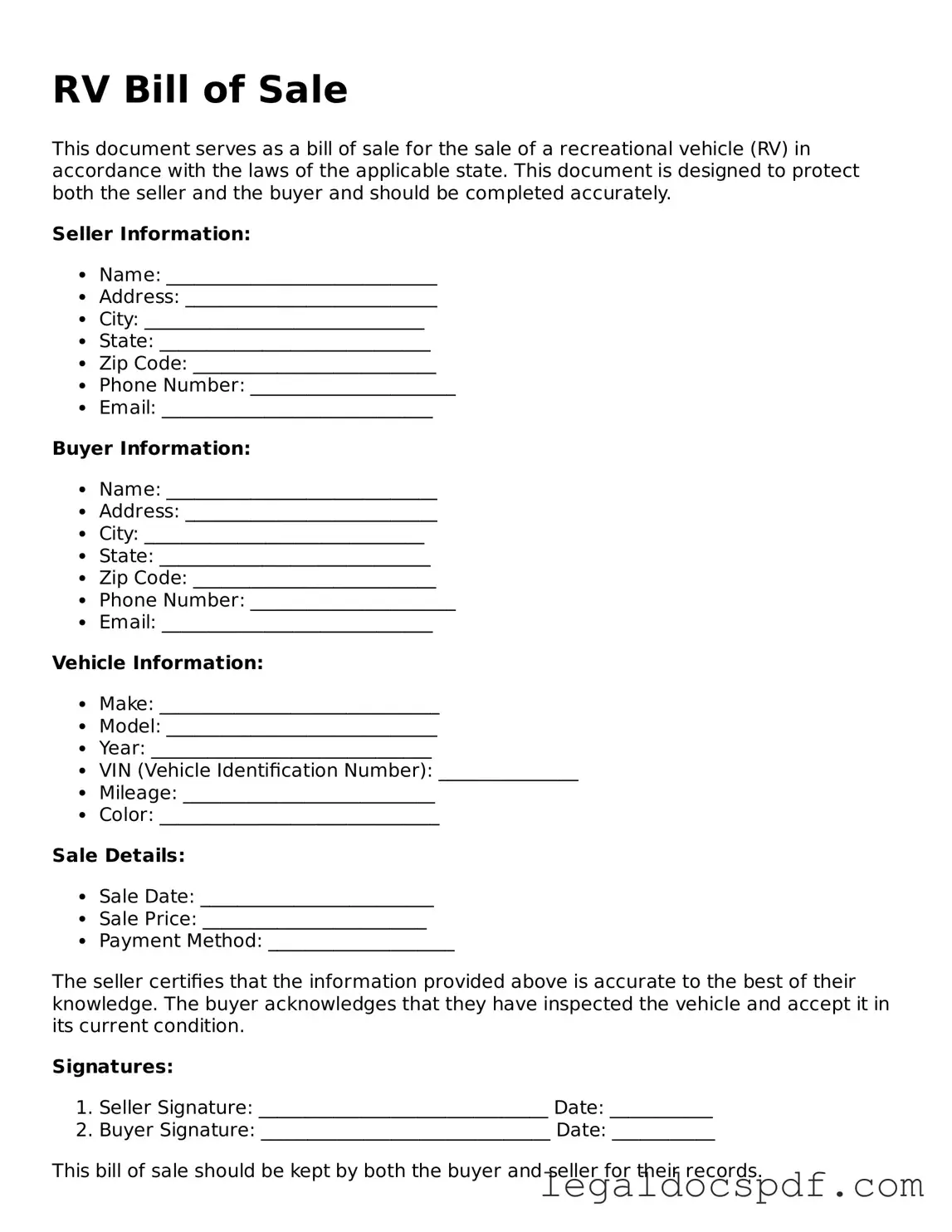 Valid RV Bill of Sale Template