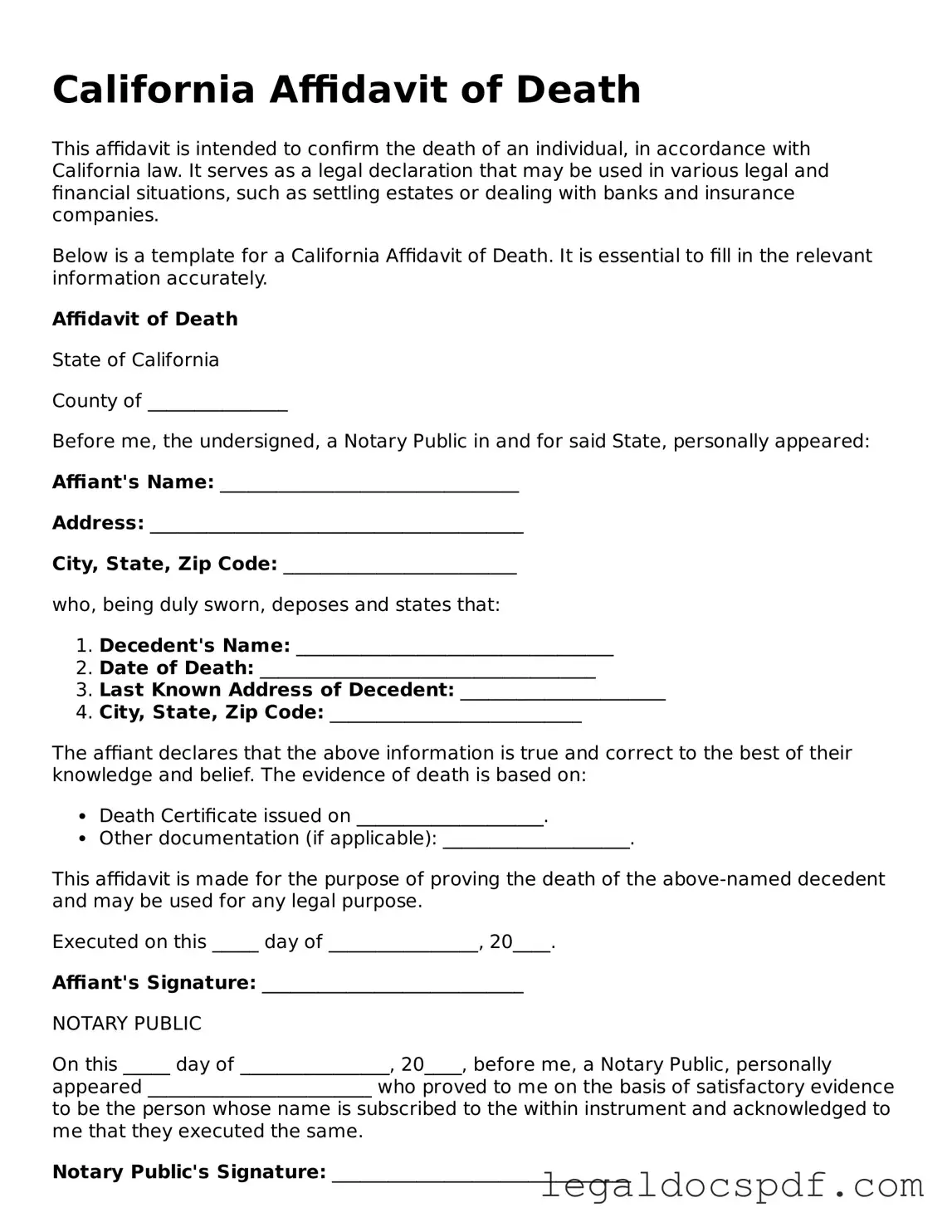 Legal California Affidavit of Death Form