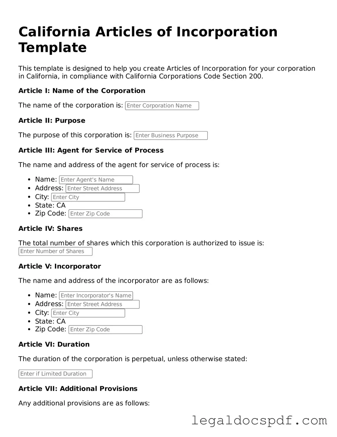 Legal California Articles of Incorporation Form
