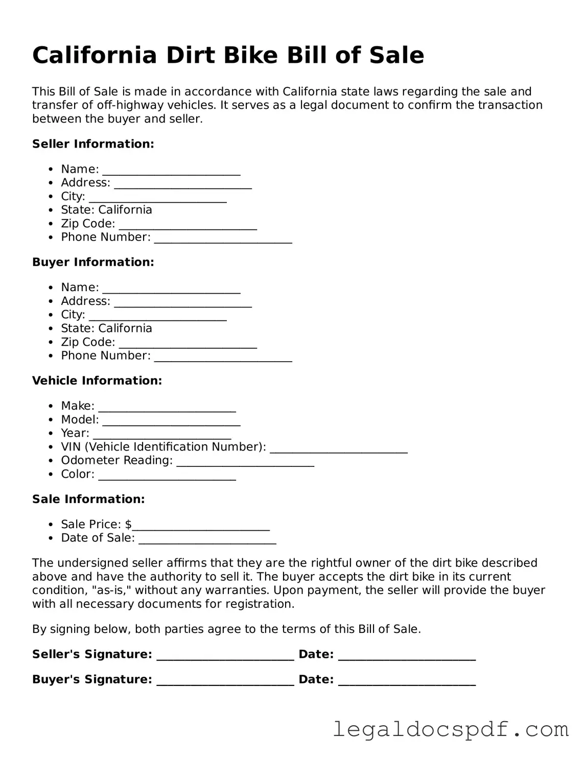 Legal California Dirt Bike Bill of Sale Form