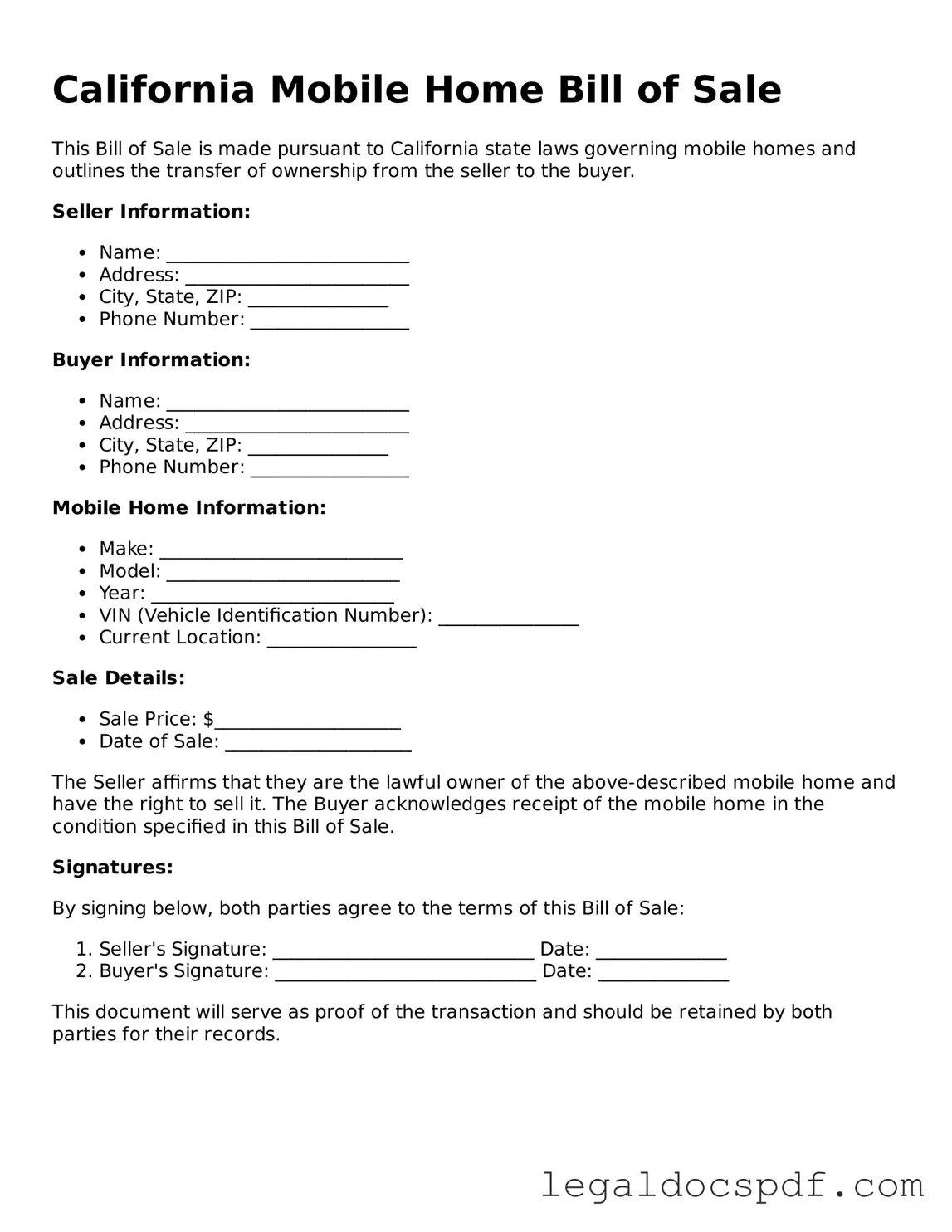 Legal California Mobile Home Bill of Sale Form