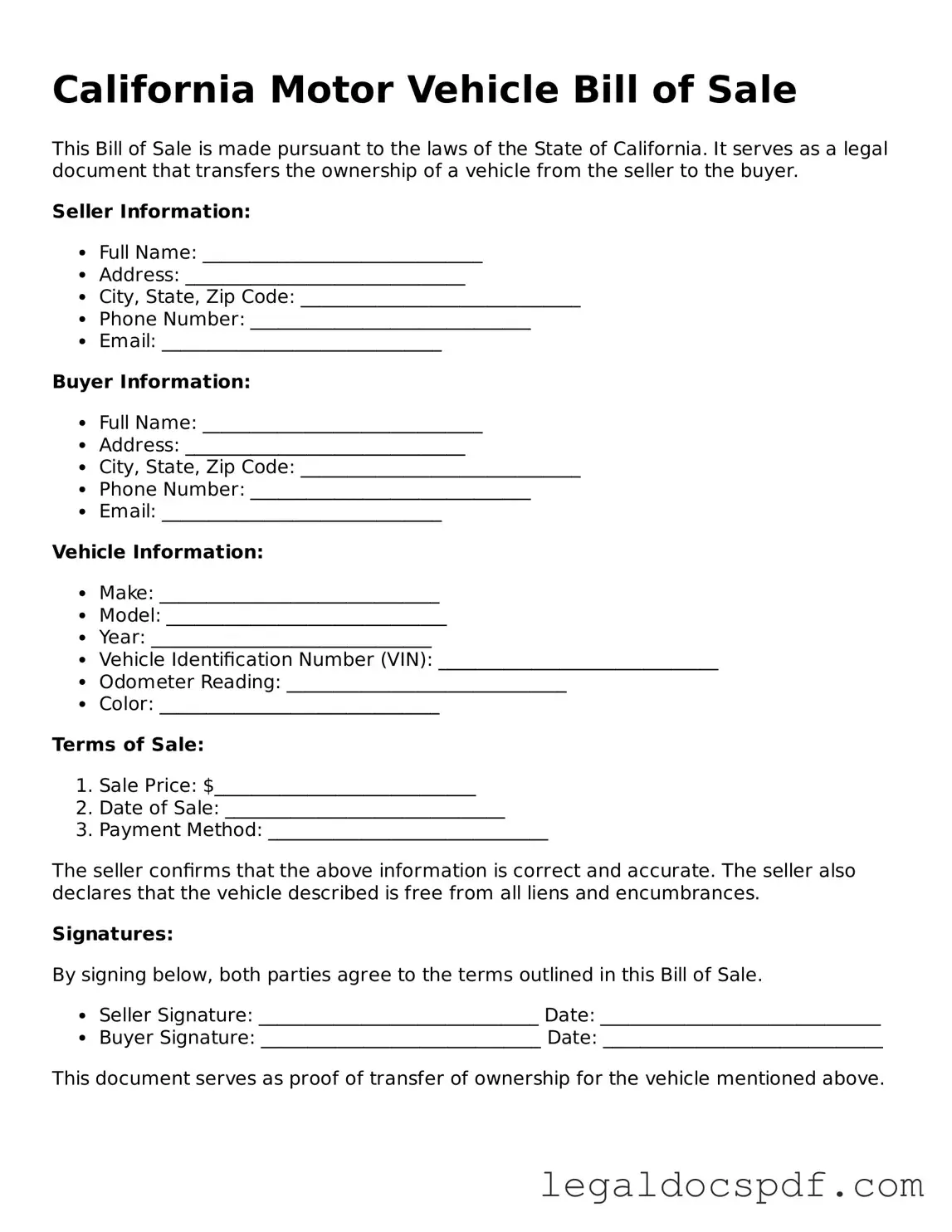 Legal California Motor Vehicle Bill of Sale Form