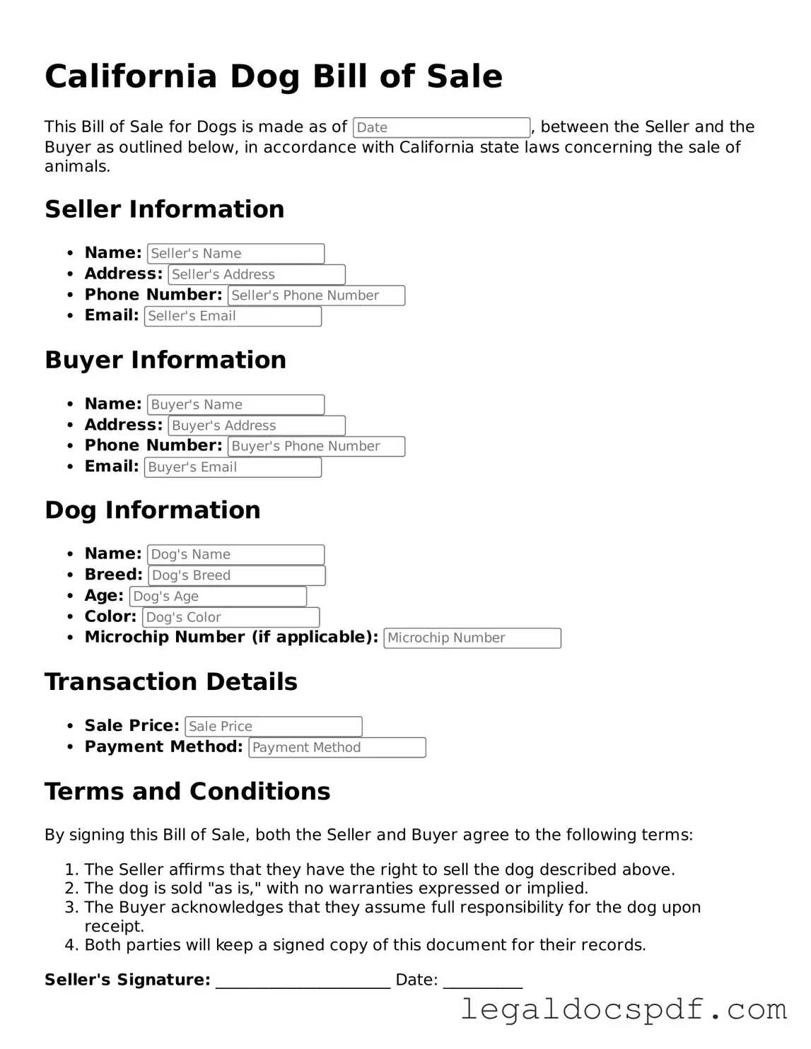 Legal California Dog Bill of Sale Form