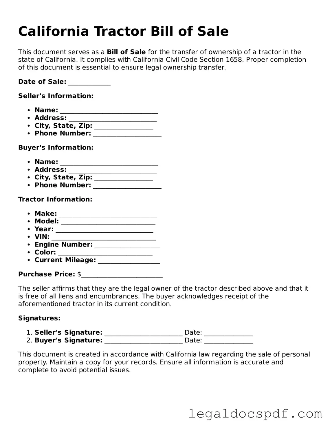 Legal California Tractor Bill of Sale Form