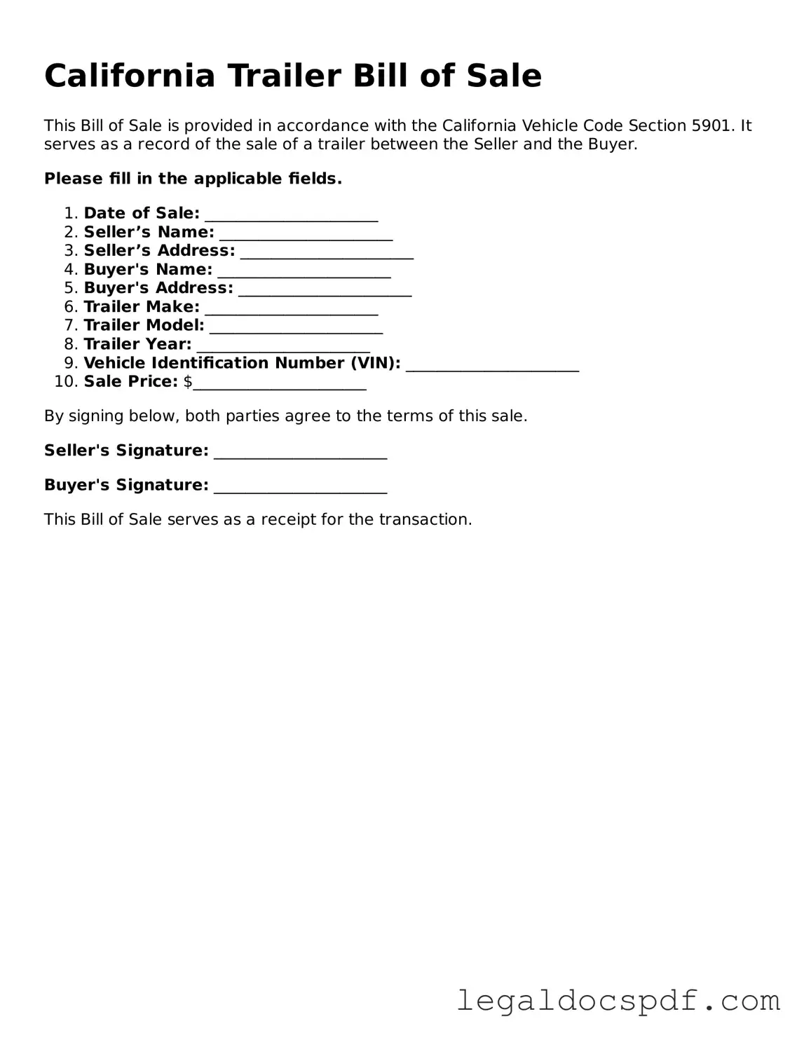 Legal California Trailer Bill of Sale Form