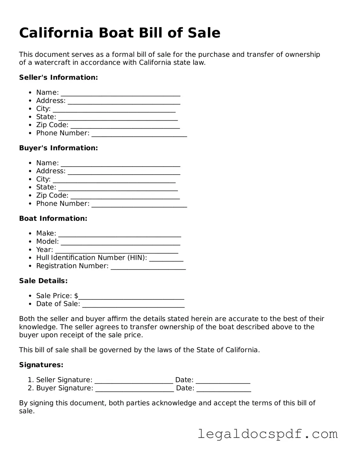 Legal California Boat Bill of Sale Form