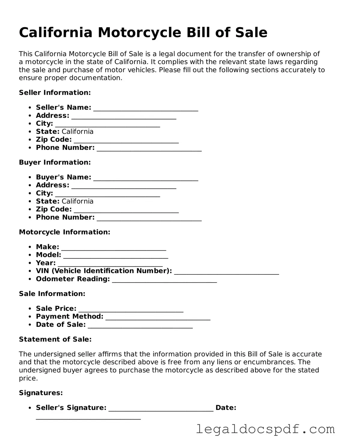 Legal California Motorcycle Bill of Sale Form