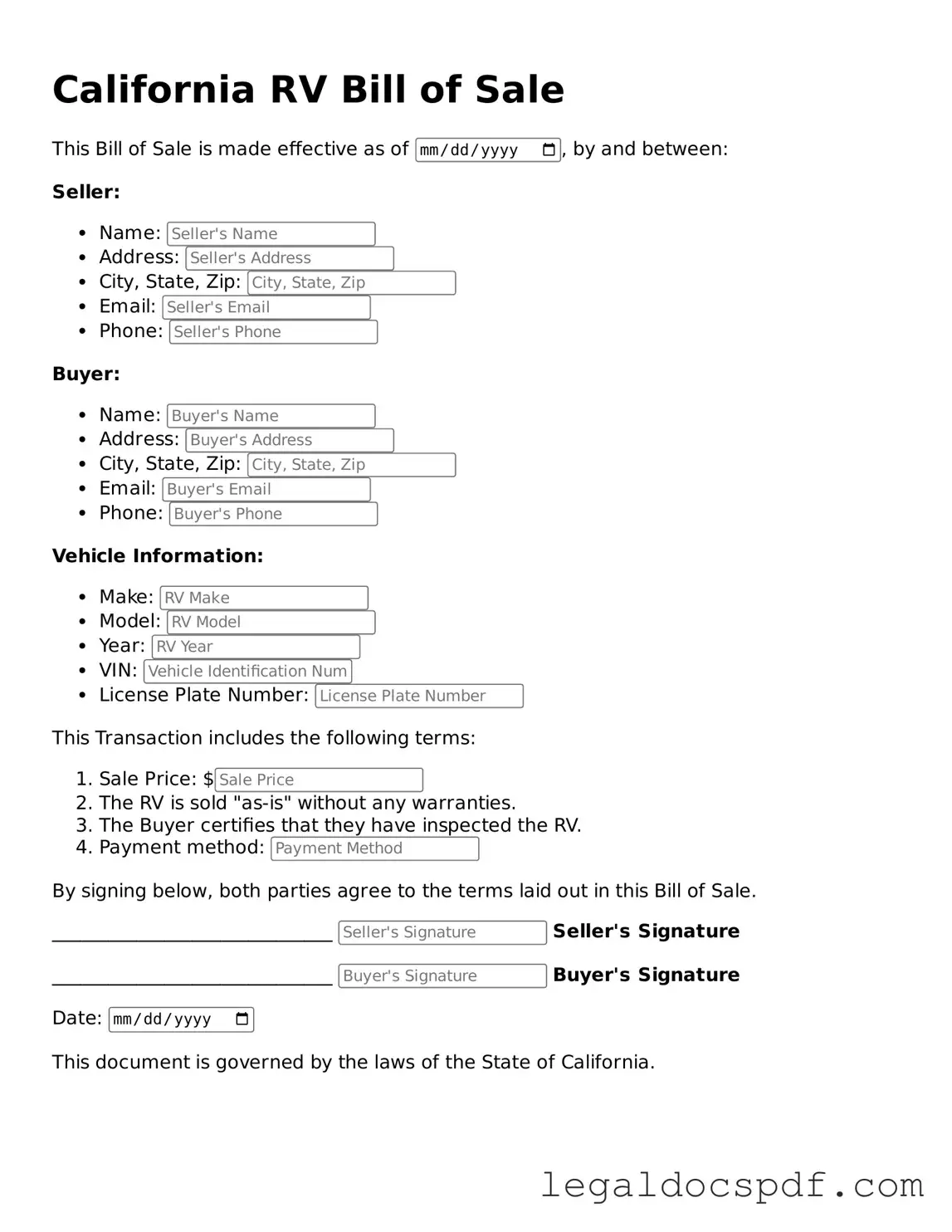 Legal California RV Bill of Sale Form