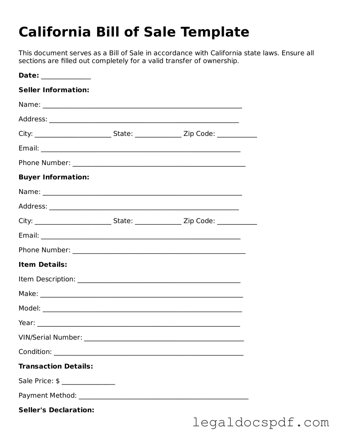 Legal California Bill of Sale Form