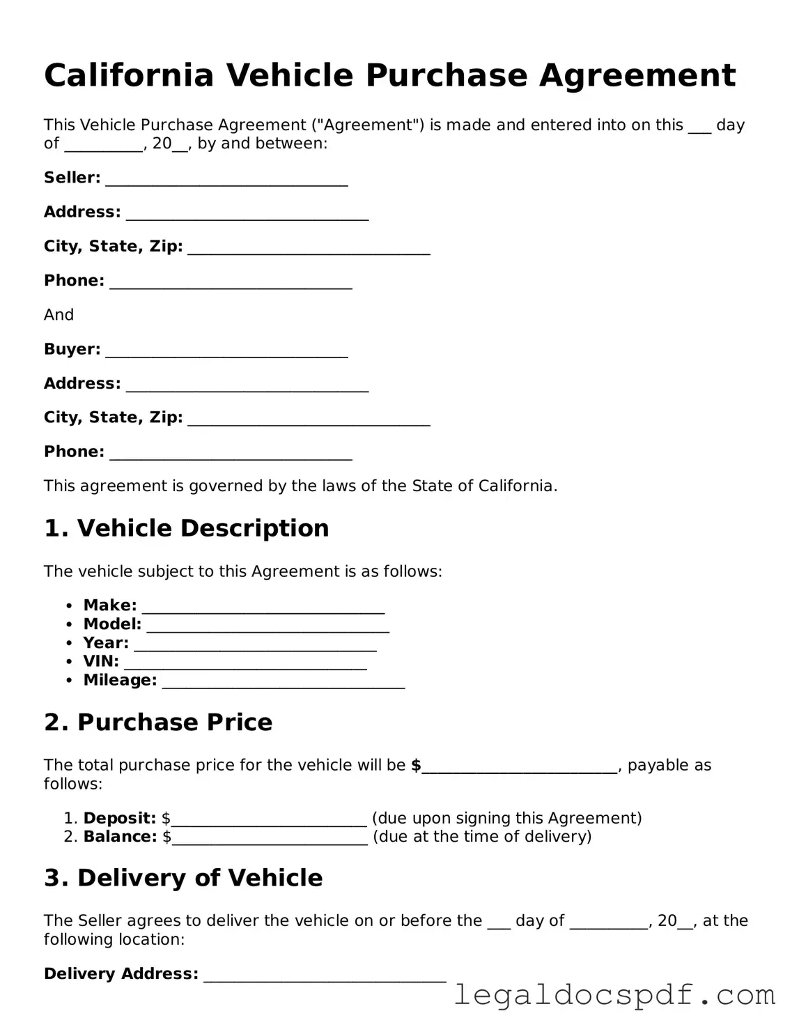 Legal California Vehicle Purchase Agreement Form