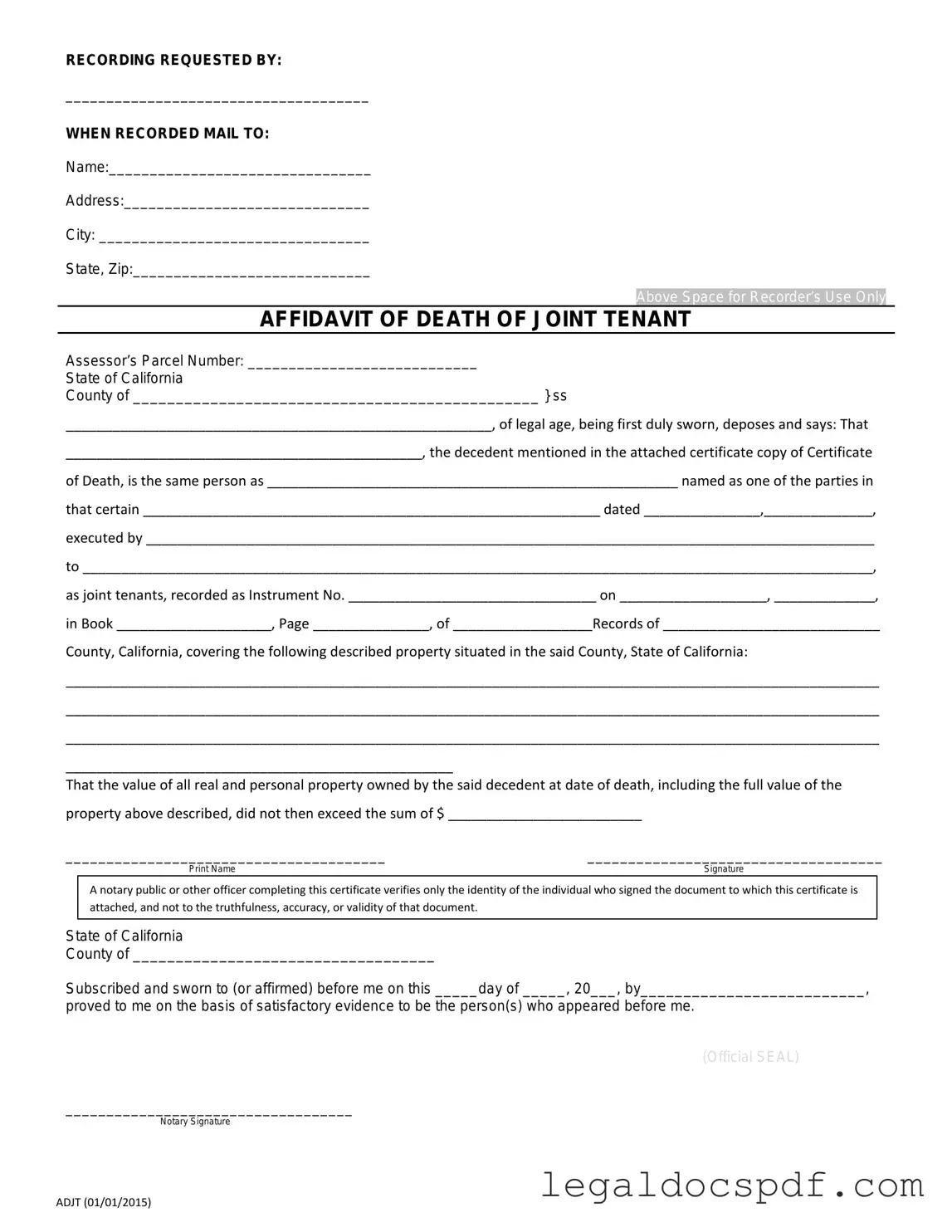 Fill Out Your California Death of a Joint Tenant Affidavit Form