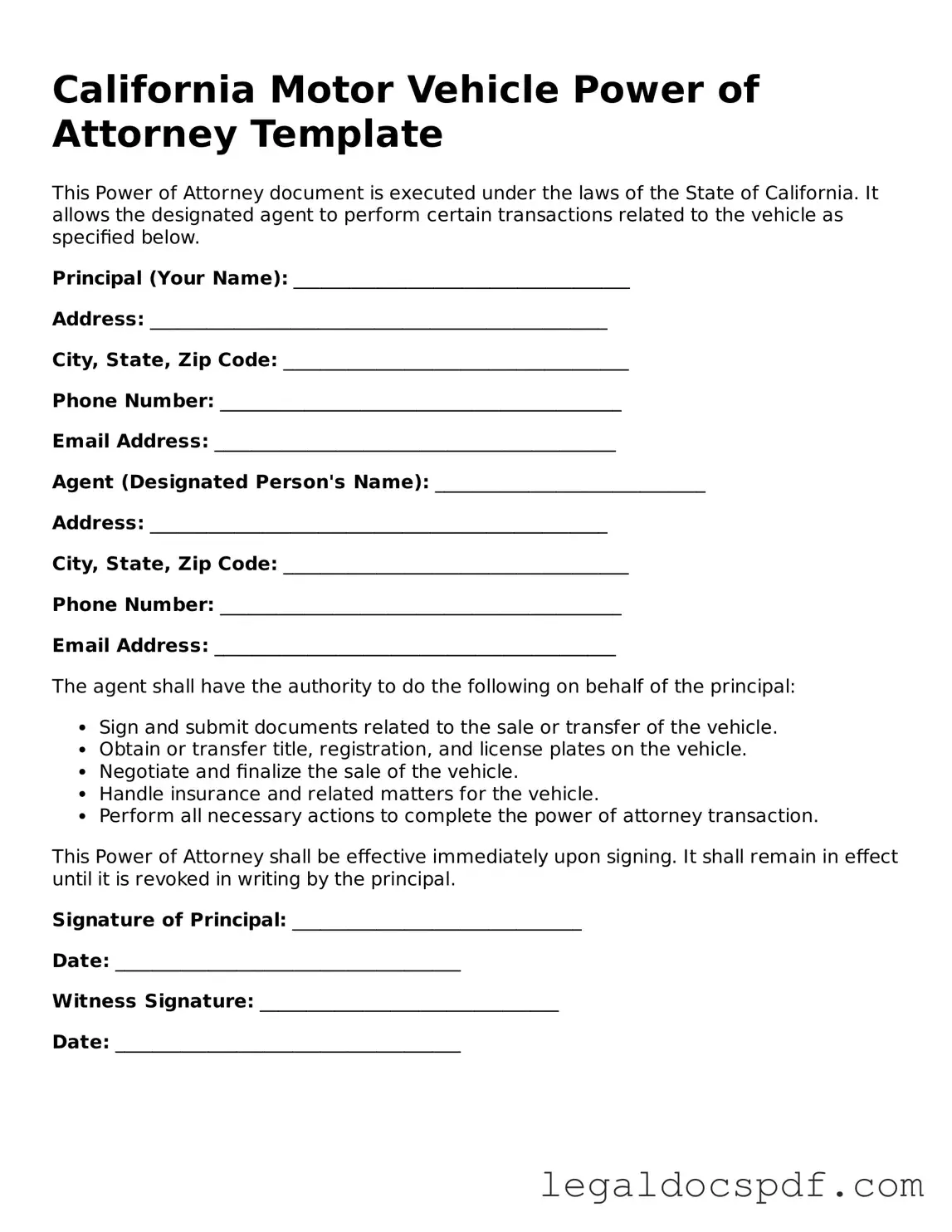 Legal California Motor Vehicle Power of Attorney Form