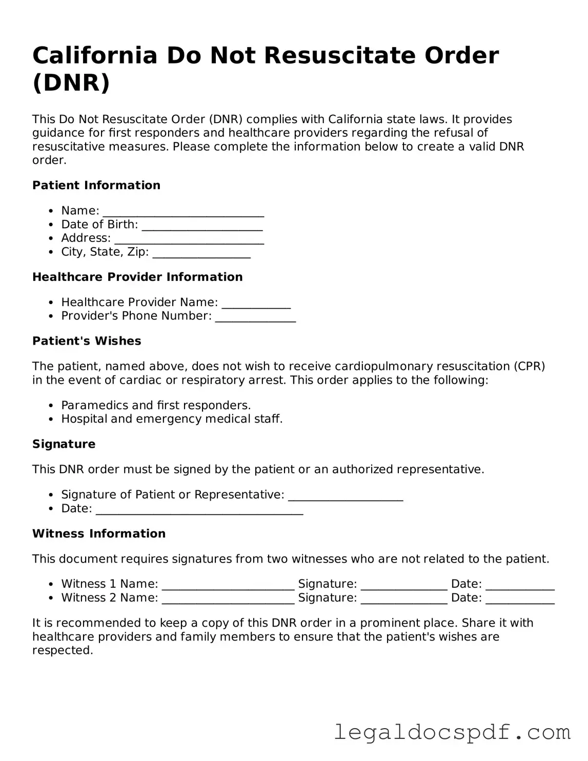 Legal California Do Not Resuscitate Order Form