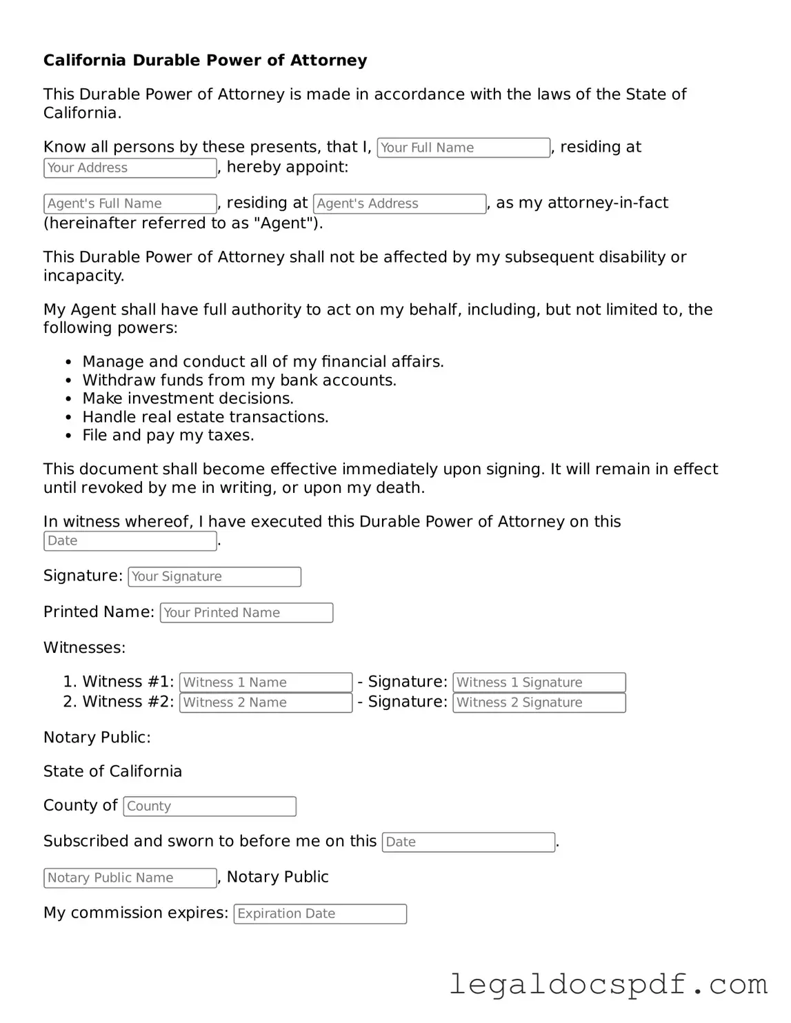 Legal California Durable Power of Attorney Form