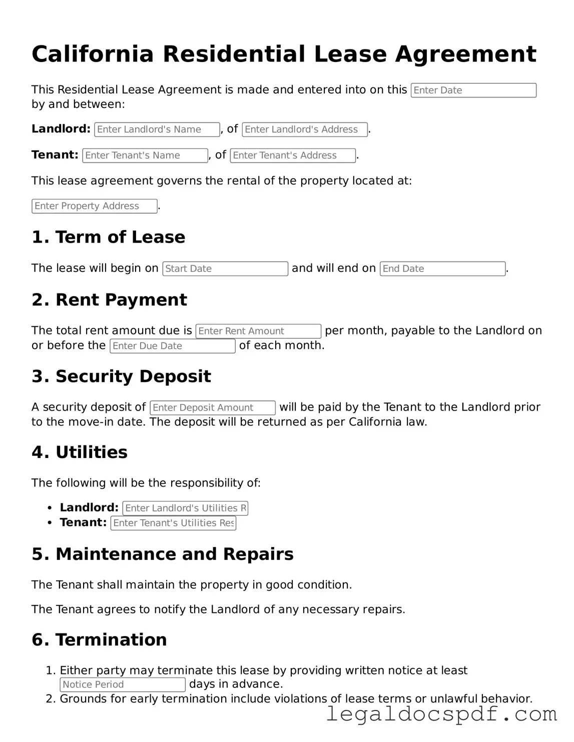 Legal California Residential Lease Agreement Form