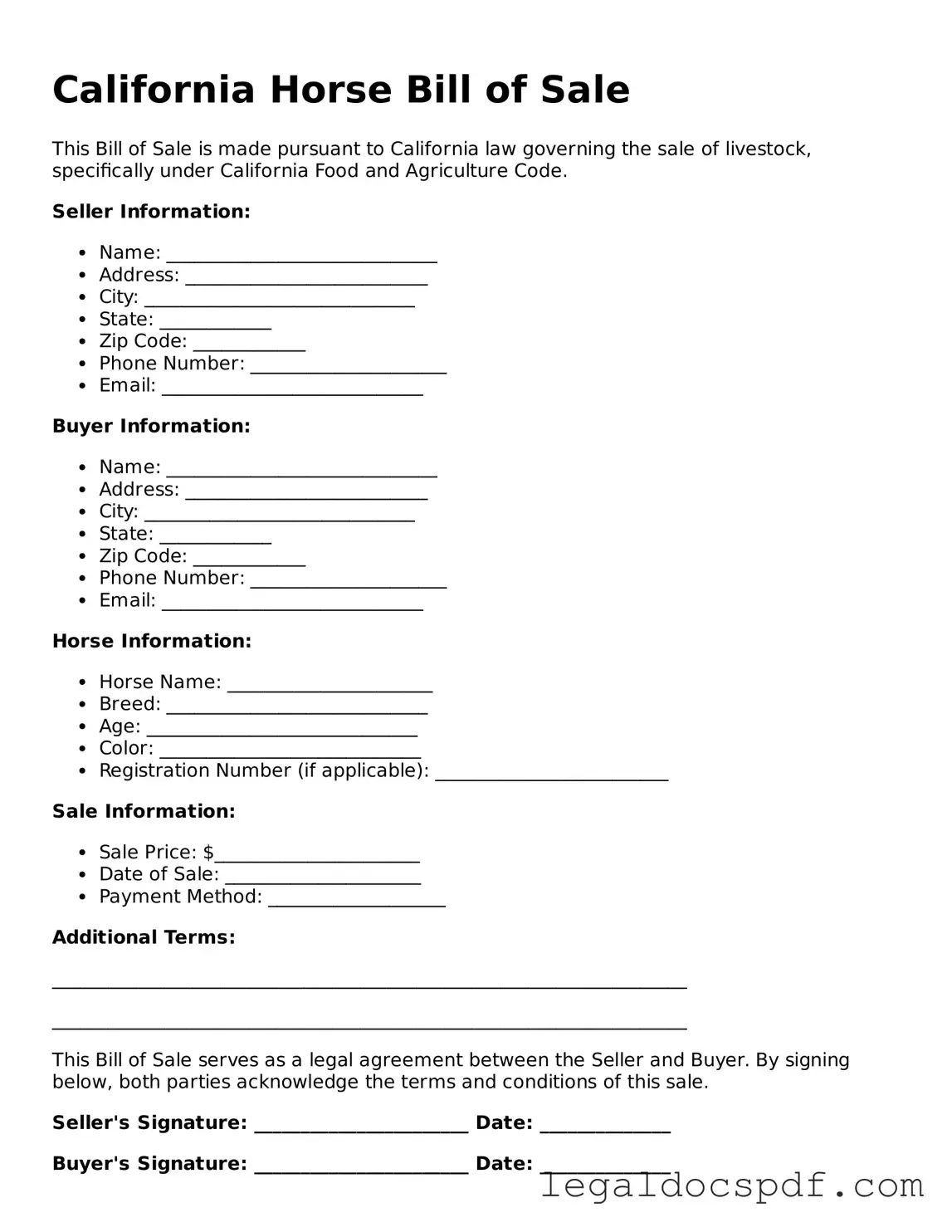 Legal California Horse Bill of Sale Form