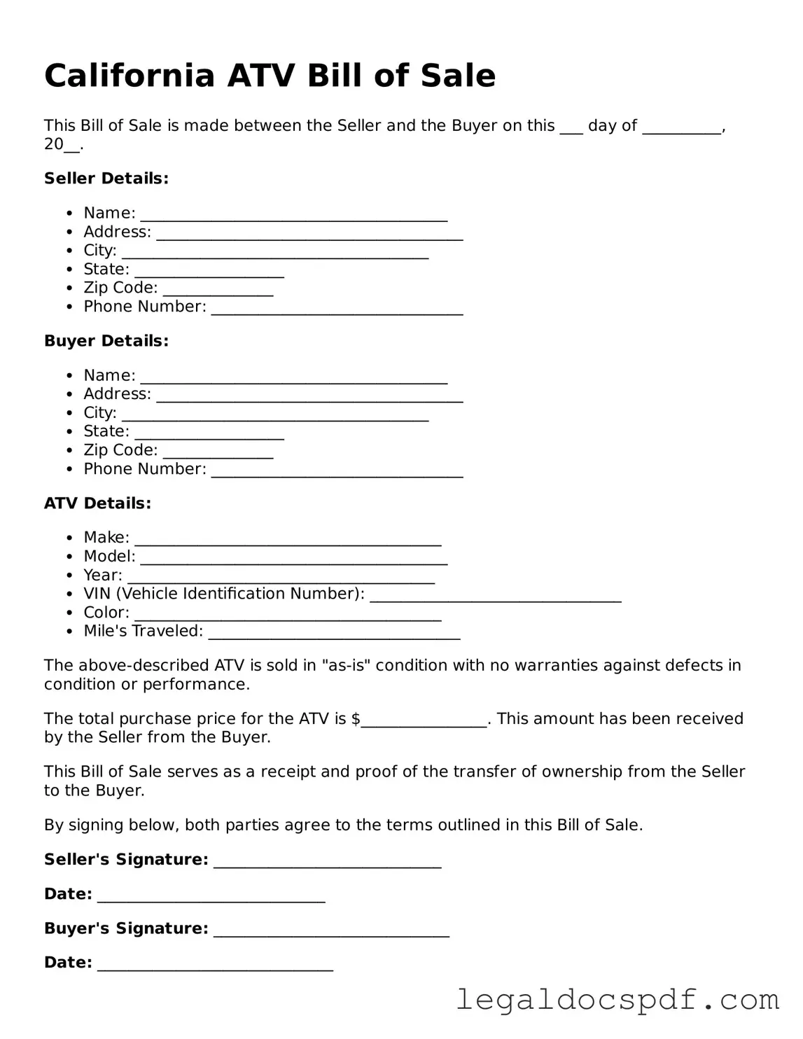 Legal California ATV Bill of Sale Form