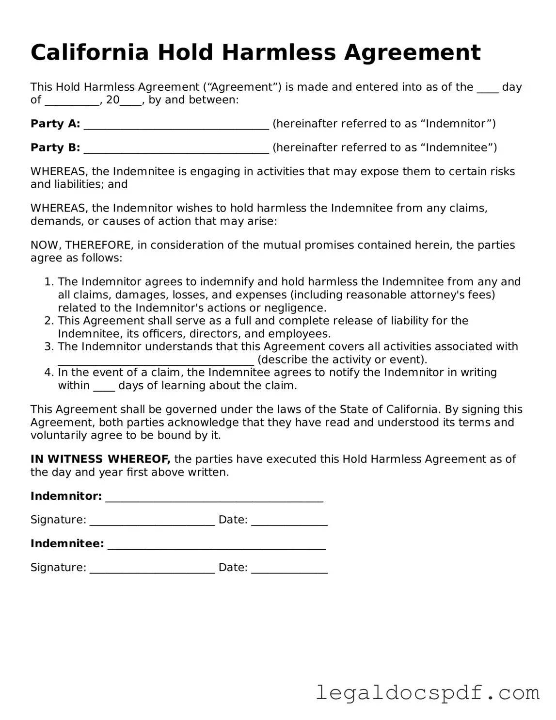 Legal California Hold Harmless Agreement Form