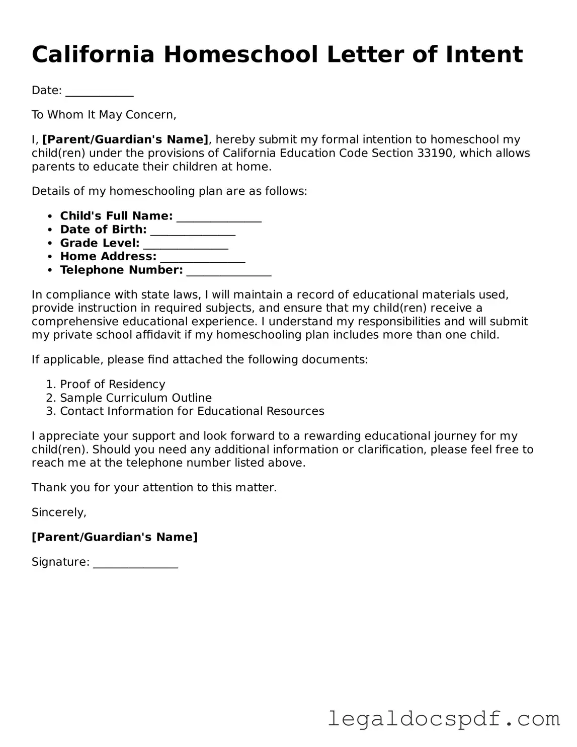 Legal California Homeschool Letter of Intent Form