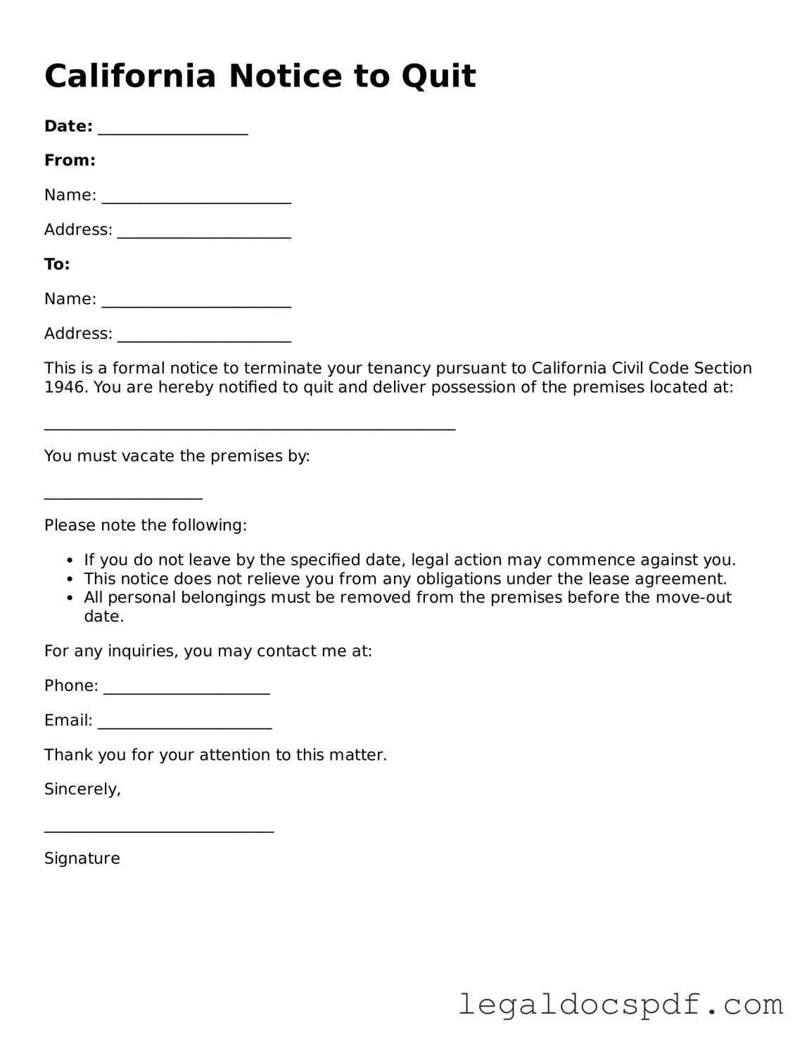 Legal California Notice to Quit Form