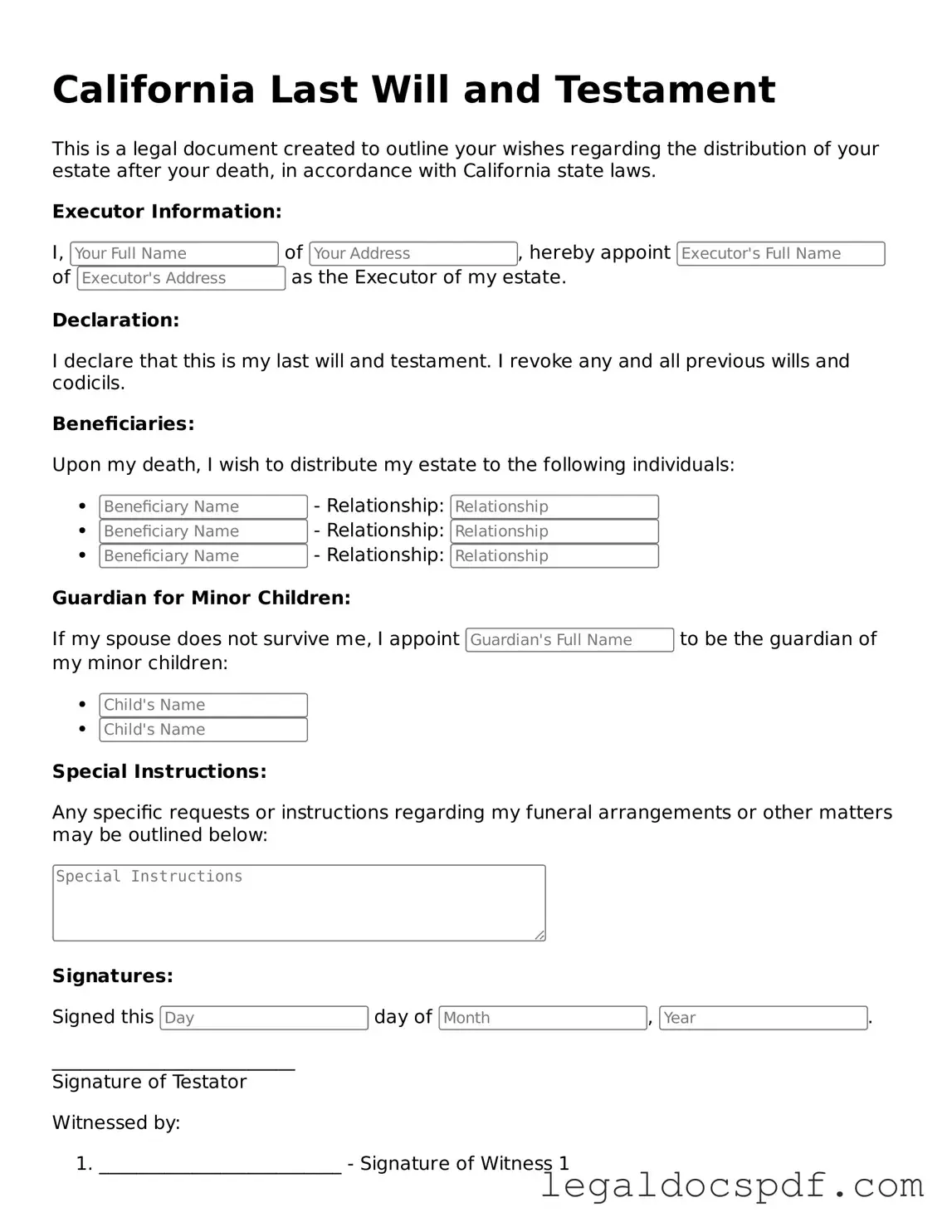 Legal California Last Will and Testament Form