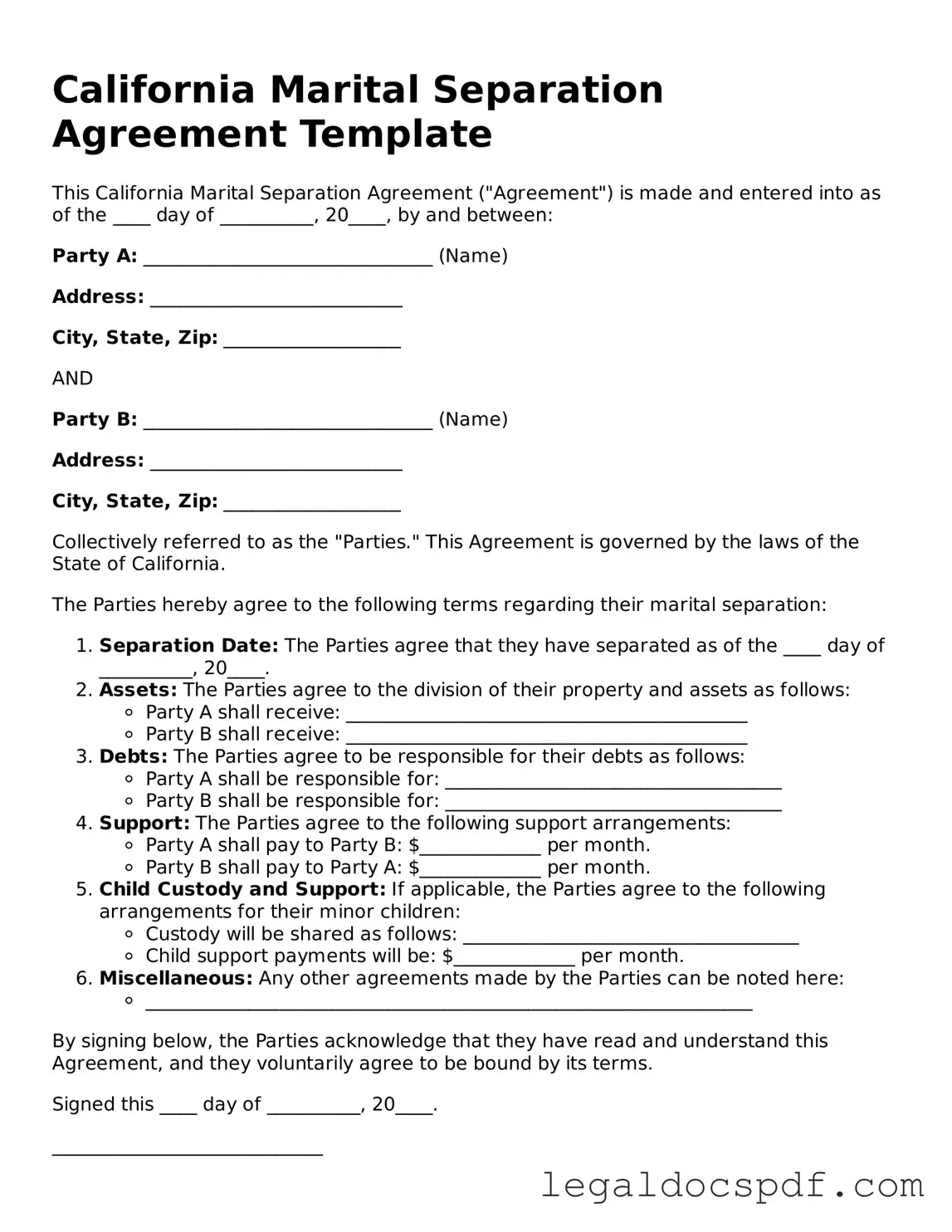 Legal California Marital Separation Agreement Form
