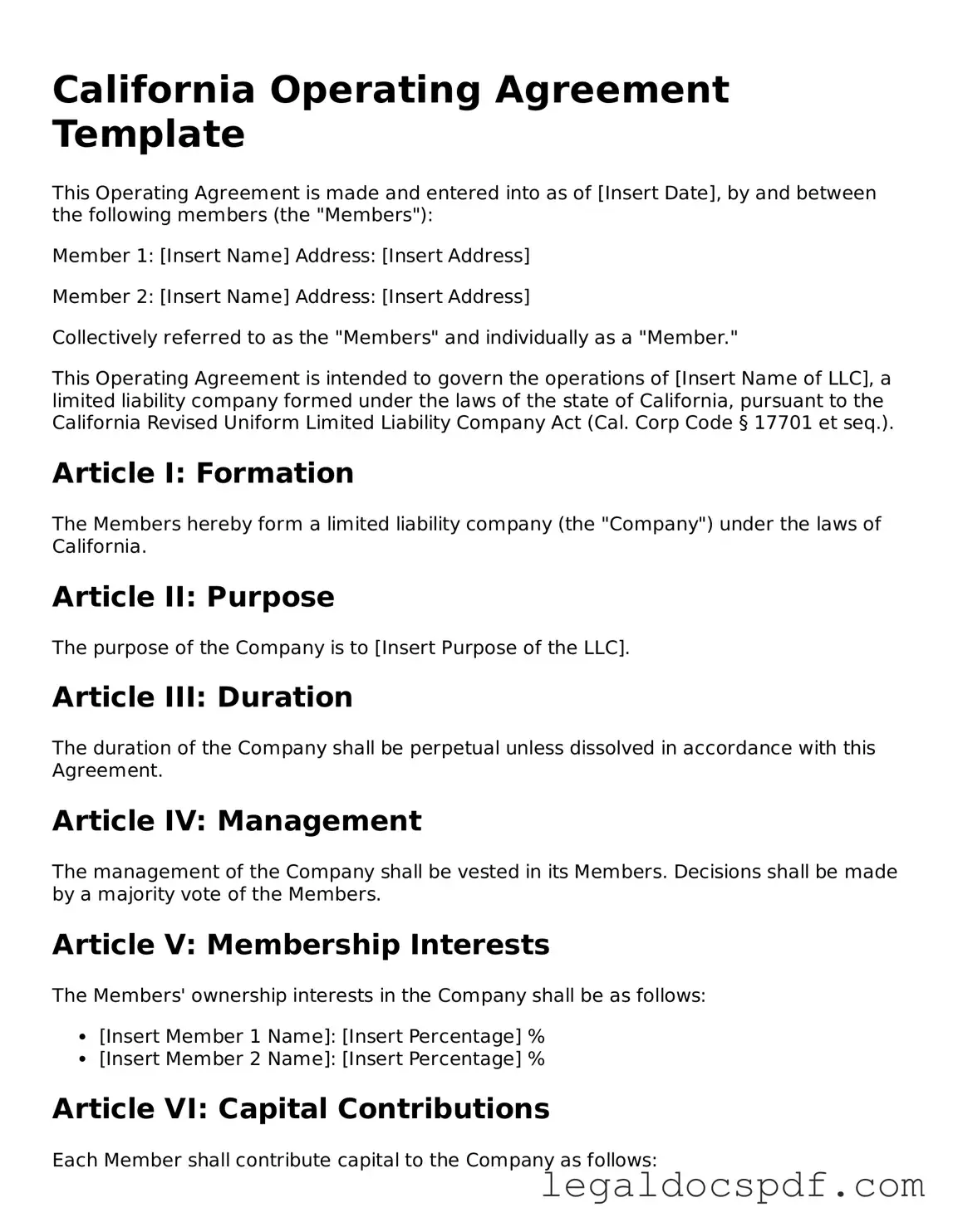 Legal California Operating Agreement Form