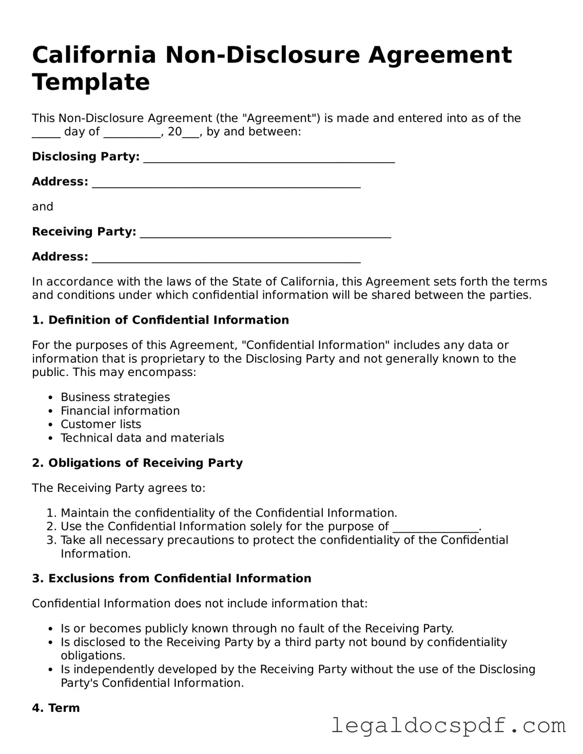 Legal California Non-disclosure Agreement Form
