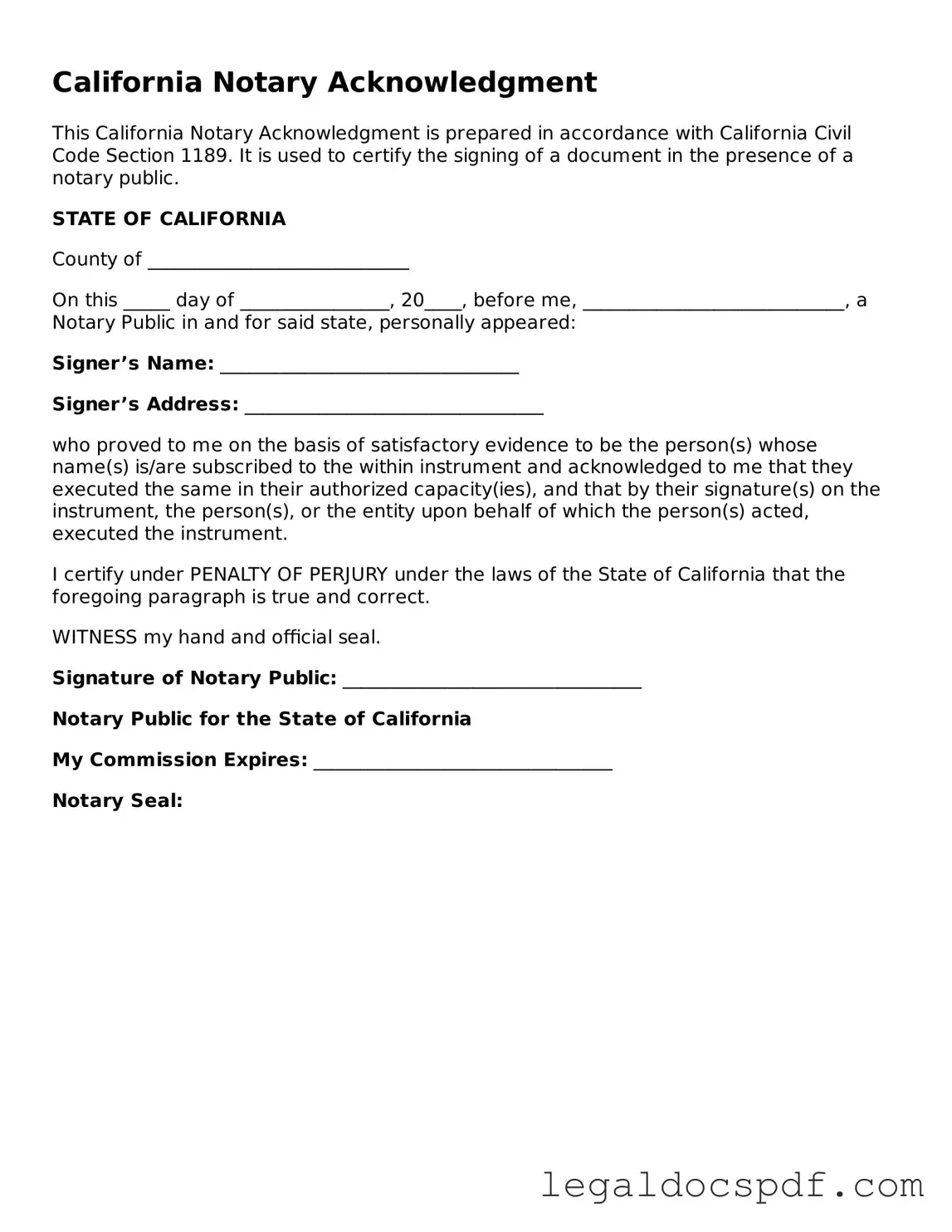 Legal California Notary Acknowledgement Form