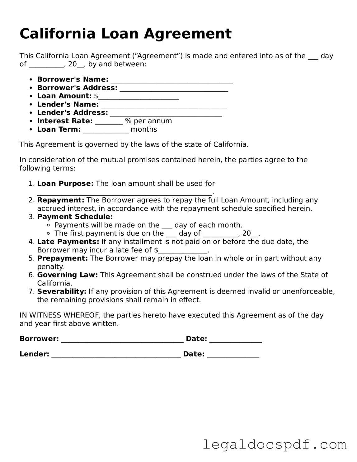 Legal California Loan Agreement Form