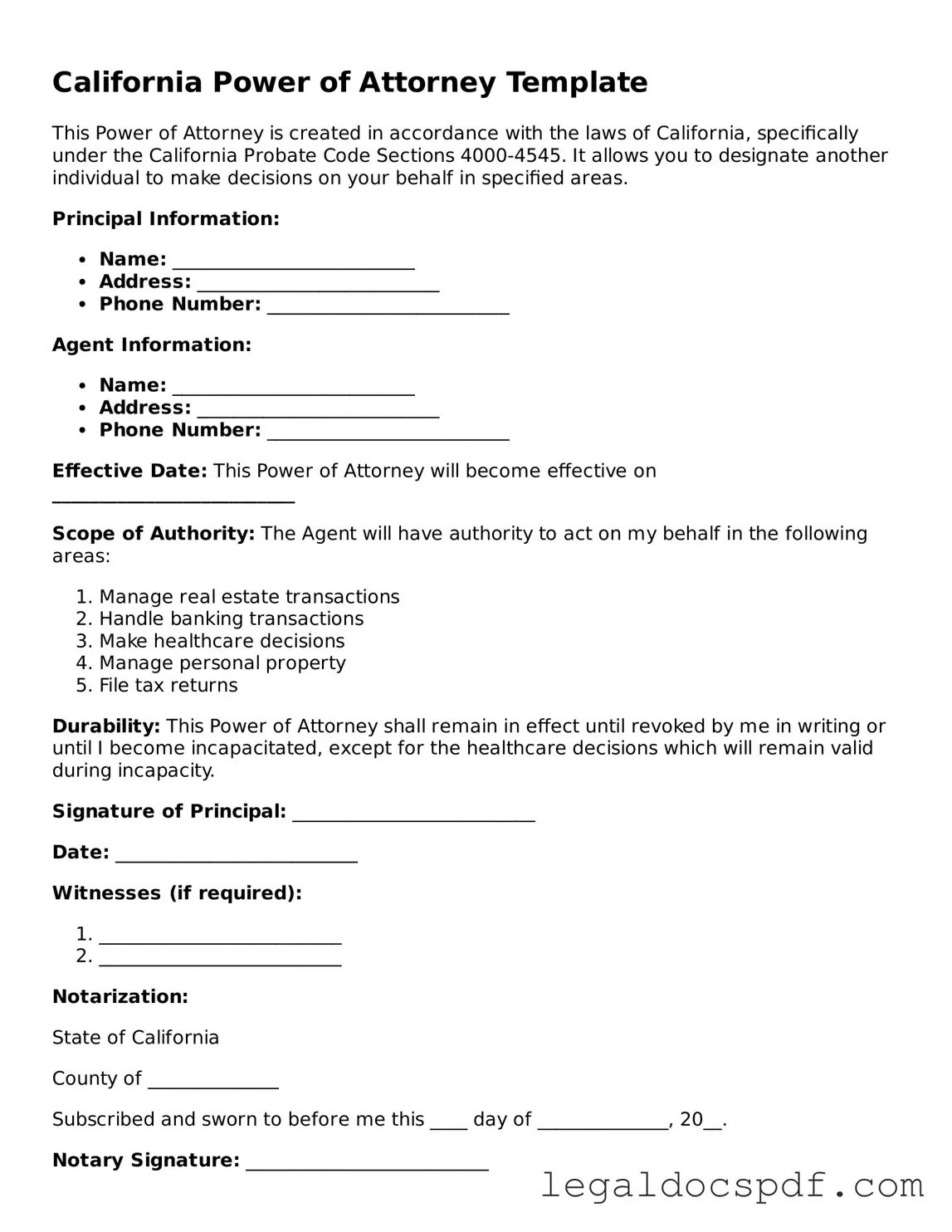 Legal California Power of Attorney Form
