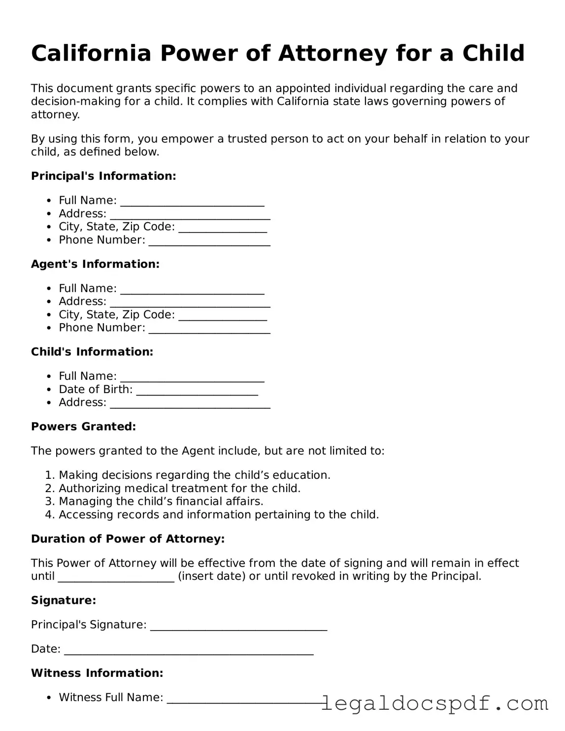 Legal California Power of Attorney for a Child Form