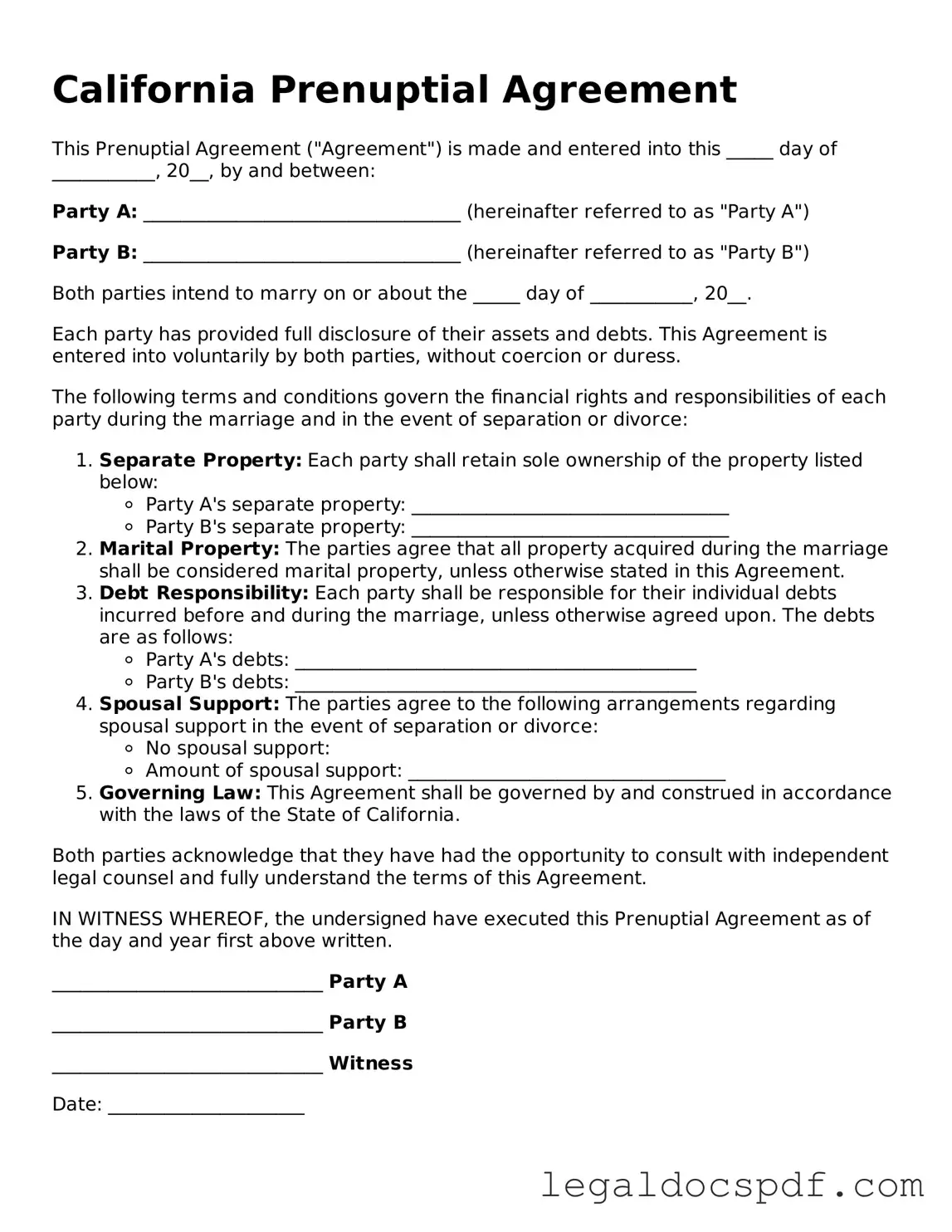 Legal California Prenuptial Agreement Form