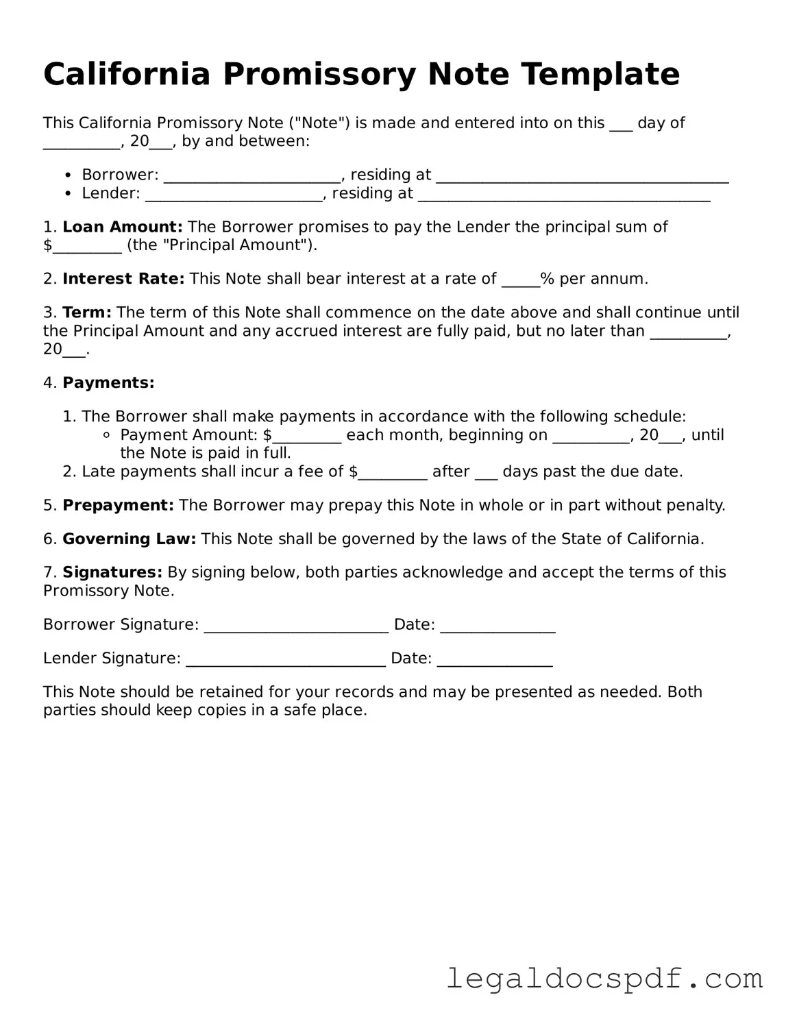 Legal California Promissory Note Form