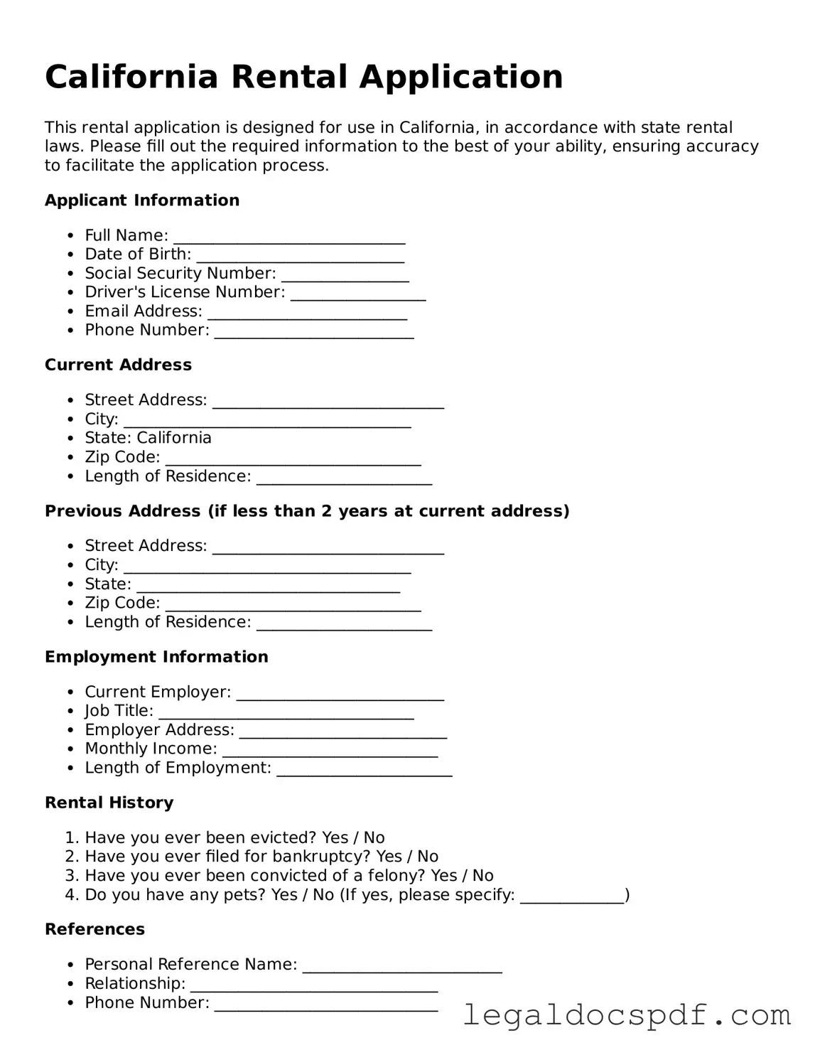 Legal California Rental Application Form