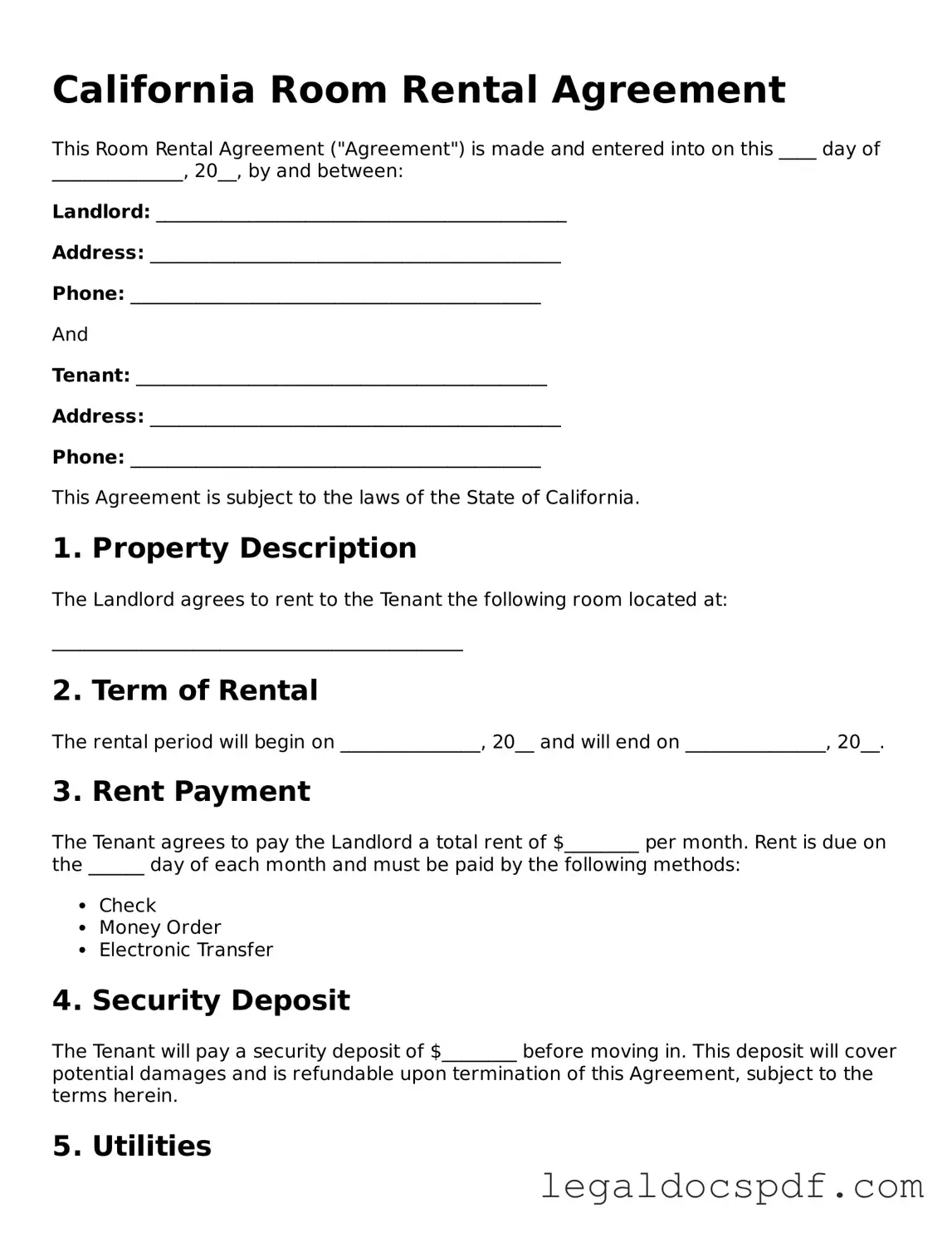Legal California Room Rental Agreement Form