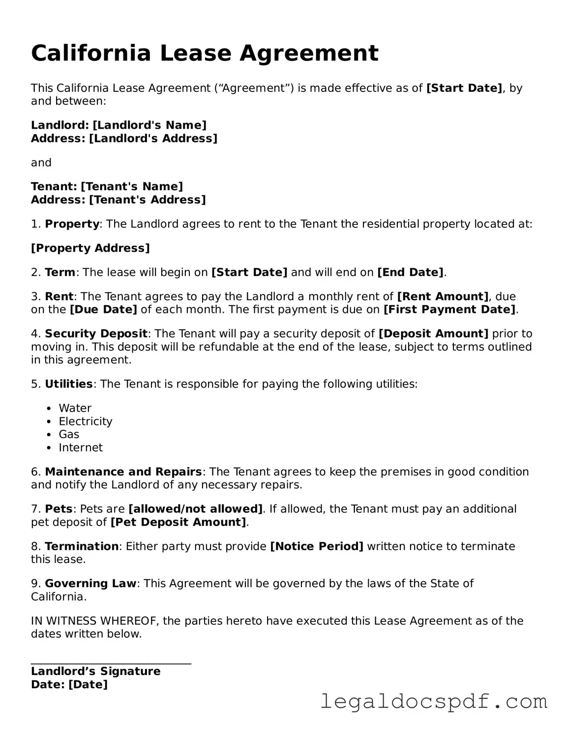 Legal California Lease Agreement Form