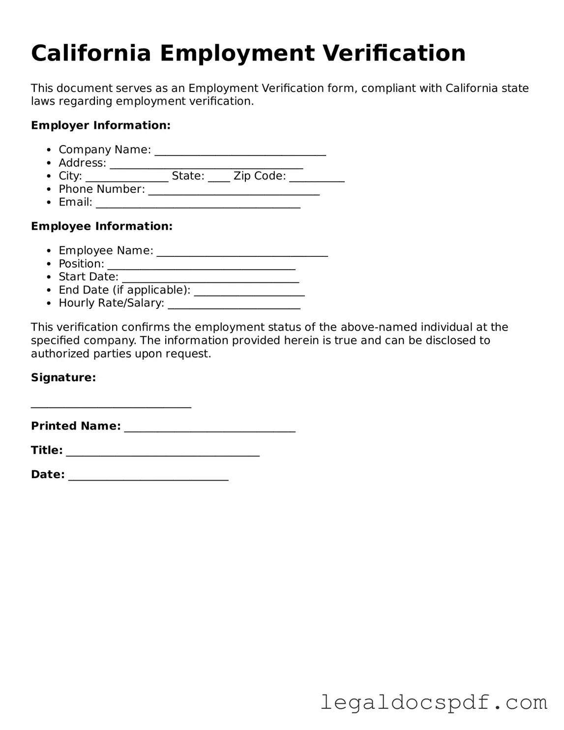 Legal California Employment Verification Form