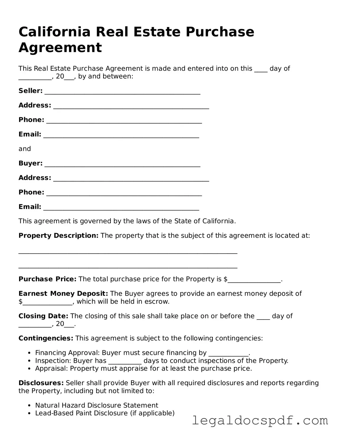 Legal California Real Estate Purchase Agreement Form