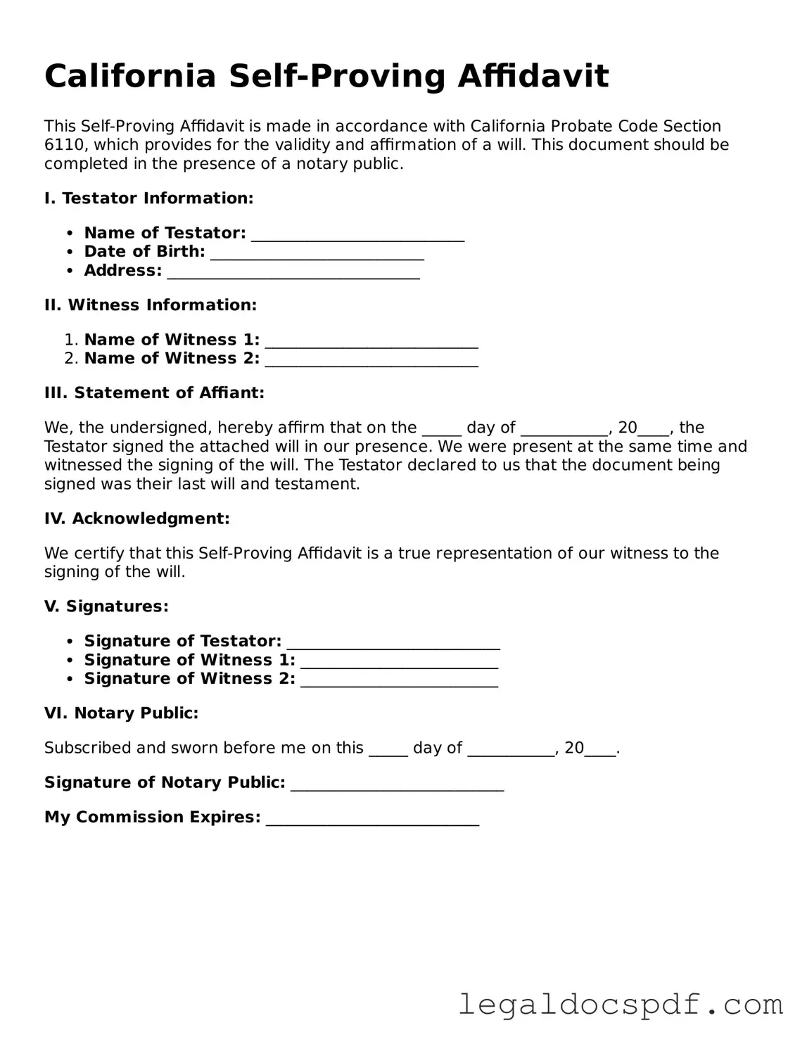 Legal California Self-Proving Affidavit Form