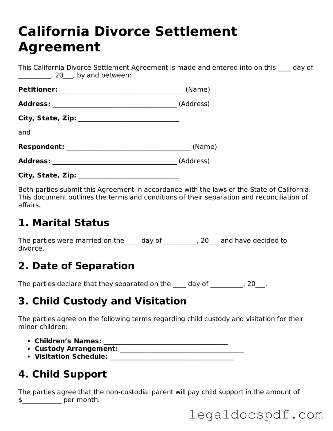 Legal California Divorce Settlement Agreement Form