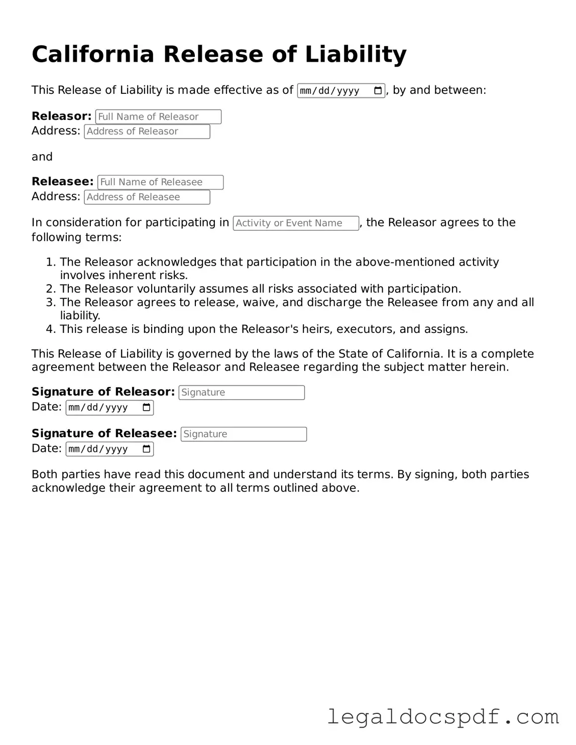 Legal California Release of Liability Form