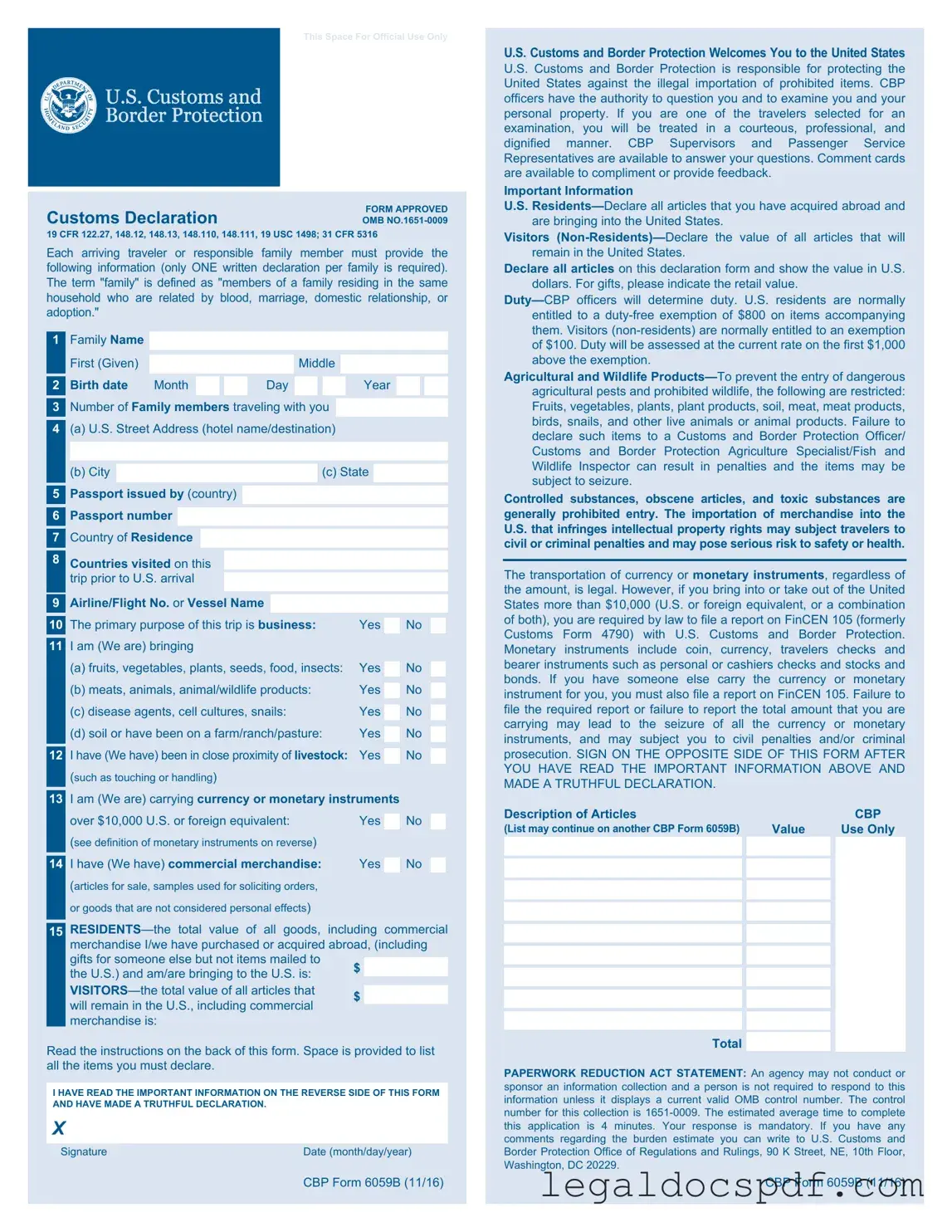 Fill Out Your CBP 6059B Form