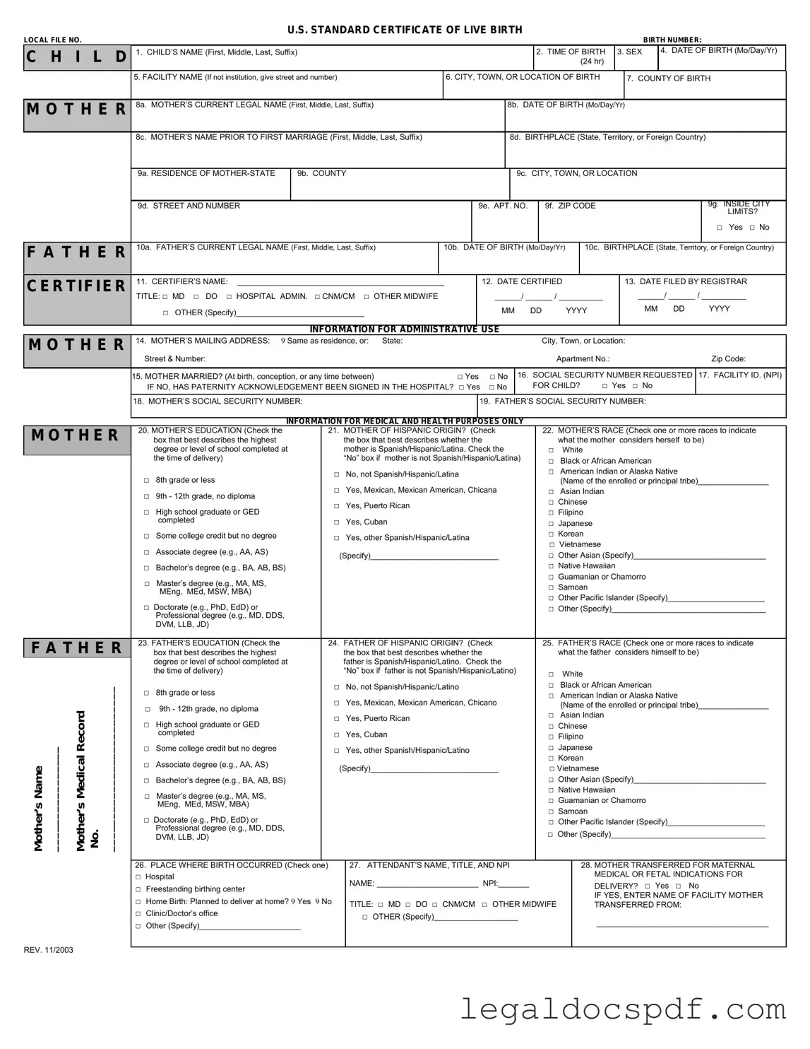 Fill Out Your CDC U.S. Standard Certificate of Live Birth Form
