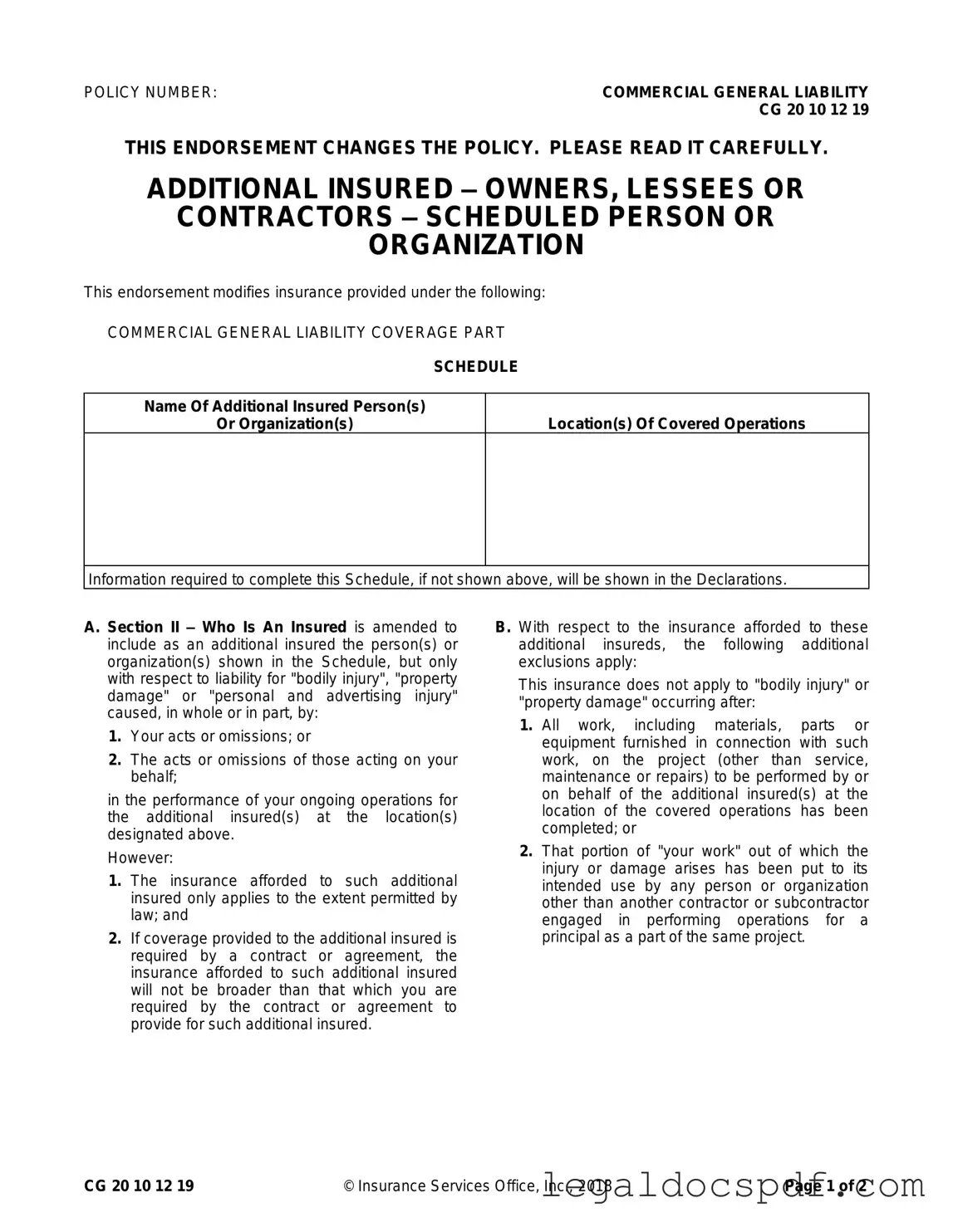 Fill Out Your Cg 20 10 07 04 Liability Endorsement Form