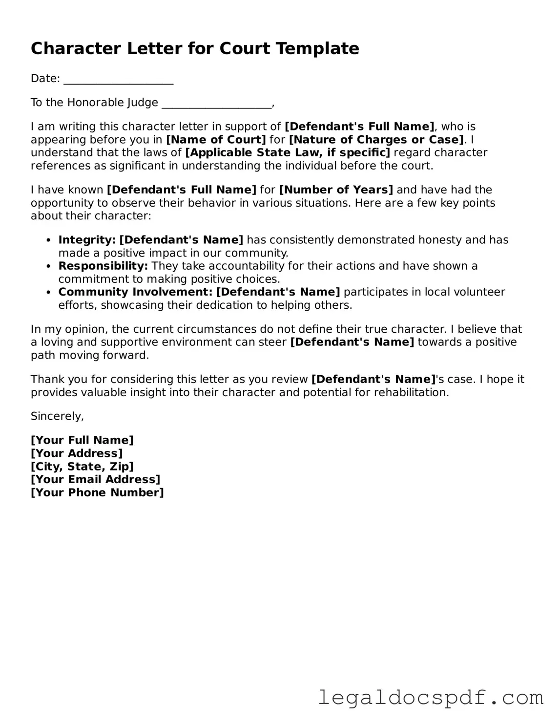 Valid Character Letter for Court Template